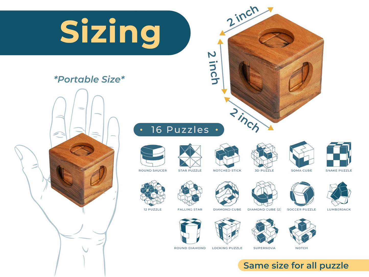 BSIRI 16 in 1 Wooden Brain Teaser Puzzles for Adults and Teens or Kids Interlocking 3D Mini Wood Mind Games Hand Puzzle Teasers Set Toys Coffee Table Games Gift