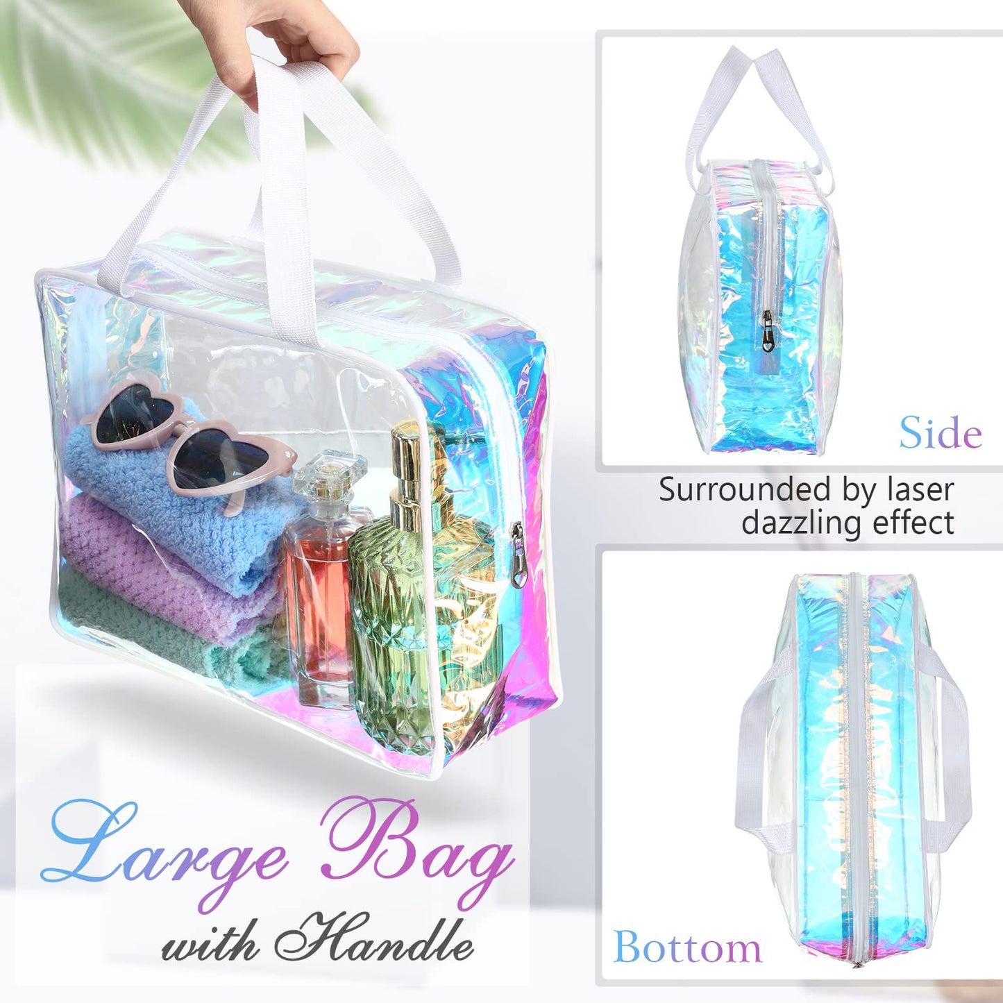 Sweetude 10 Pcs Large Clear Toiletry Bag Large Capacity Travel Makeup Bag PVC Clear Plastic Tote Bag Iridescent Cosmetic Bag Cosmetic Clothes Organizer Bag for Women Men