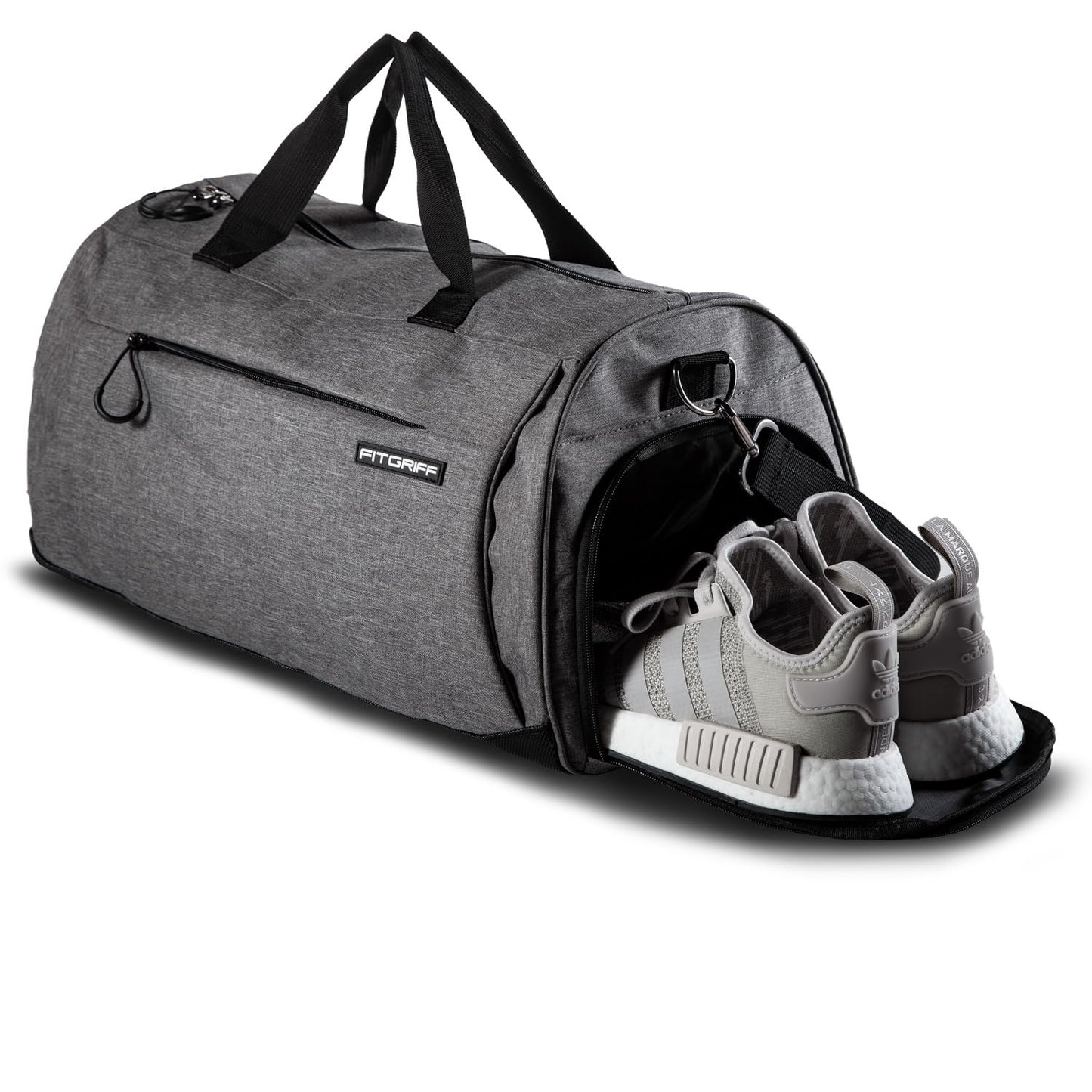 Fitgriff® Gym Bag for Men & Women with Shoe & Wet Compartment - Duffle Bag for Travel, Sports, Fitness & Workout (Grey, 23 x 12 x 12″ (M))