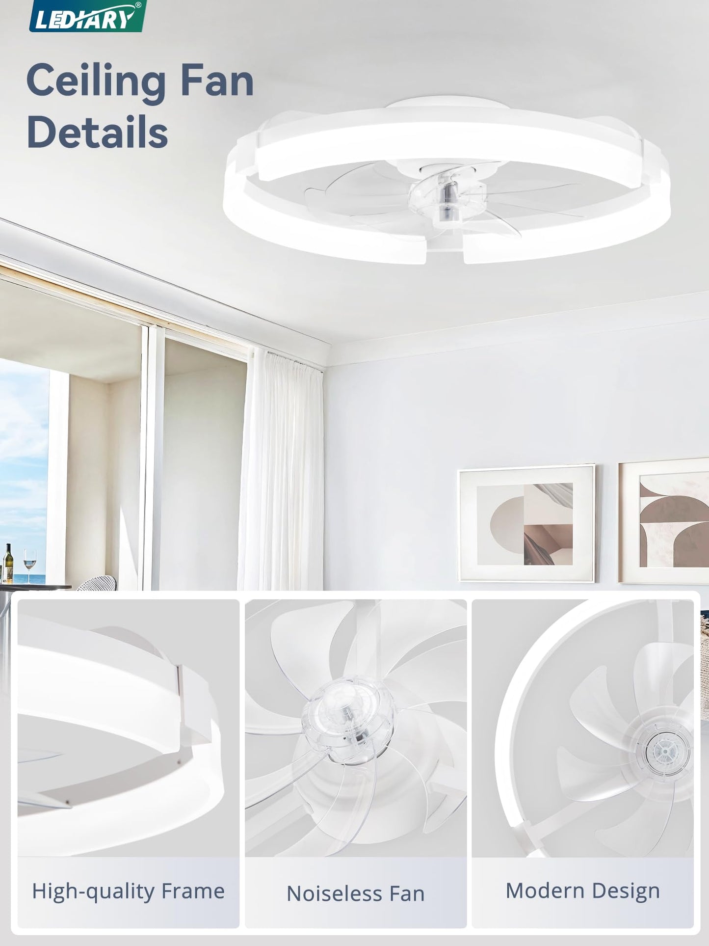 LEDIARY 20" Ceiling Fans with Lights and Remote, Modern Low Profile Ceiling Fan, 3 CCT, Stepless Dimmable, Fandelier Flush Mount Fan Light, 6 Speeds, DC Motor, App & Remote Control for Bedroom(White)