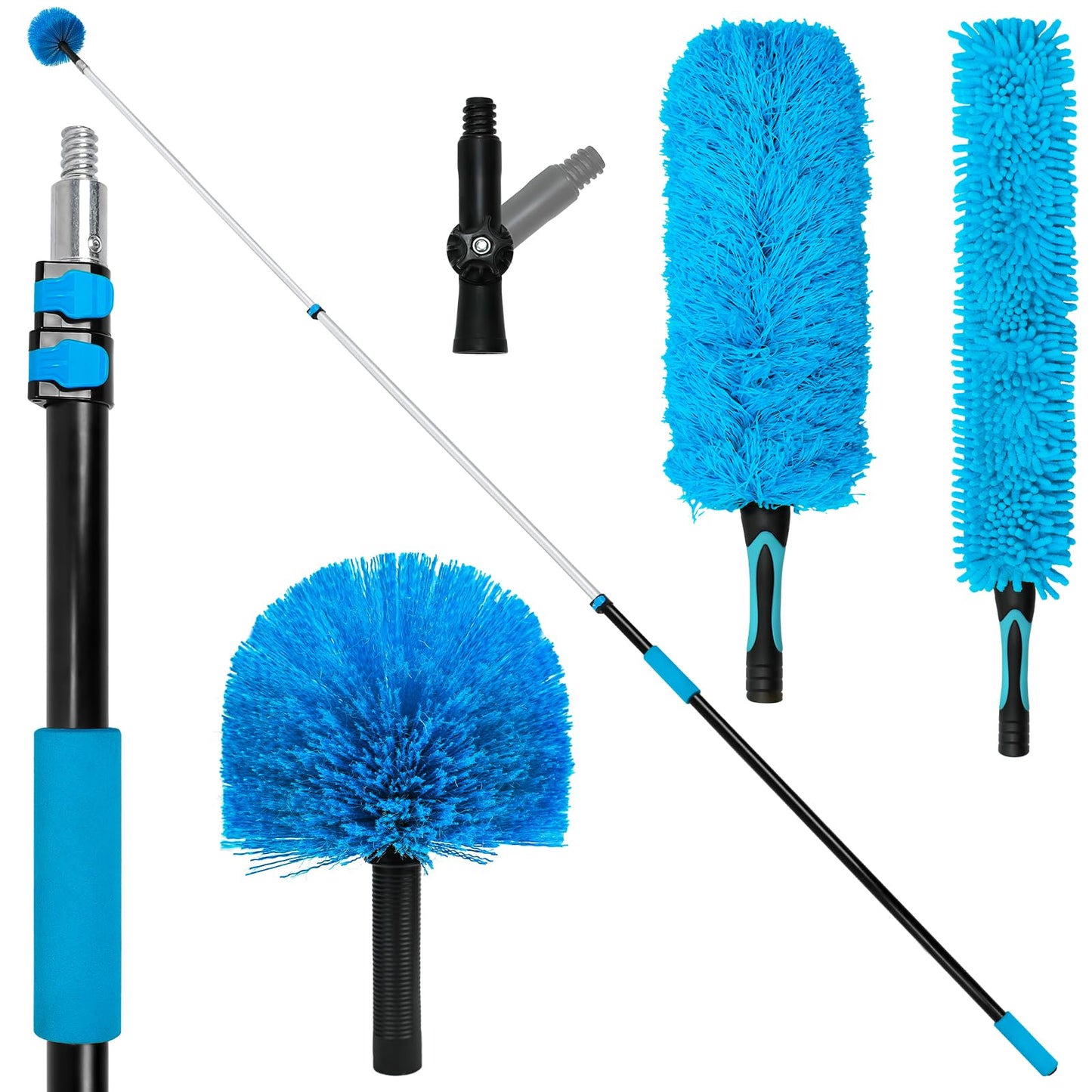 20FT High Ceiling Fan Duster with 5-12FT Extension Pole, Extendable Reusable Cobweb and Bendable Feather Duster Kit for Cleaning Spiderweb and Dust