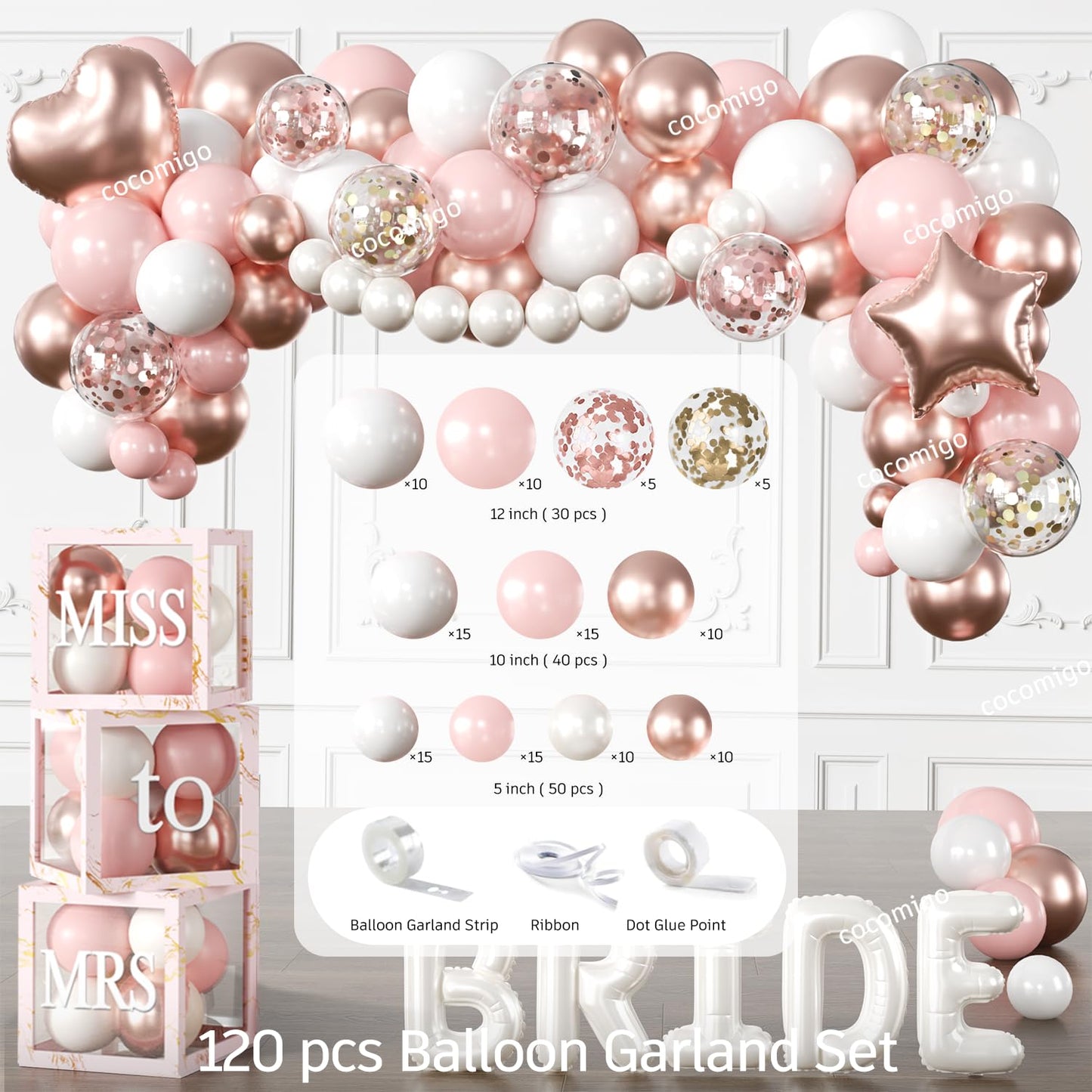 Cocomigo 330pcs Bride to Be Decorations, One-stop Set for 25 People, Includes 350gsm Plates Photo Props Cupcake Toppers Veil and Sash, Pink Bridal Shower Decorations for Female
