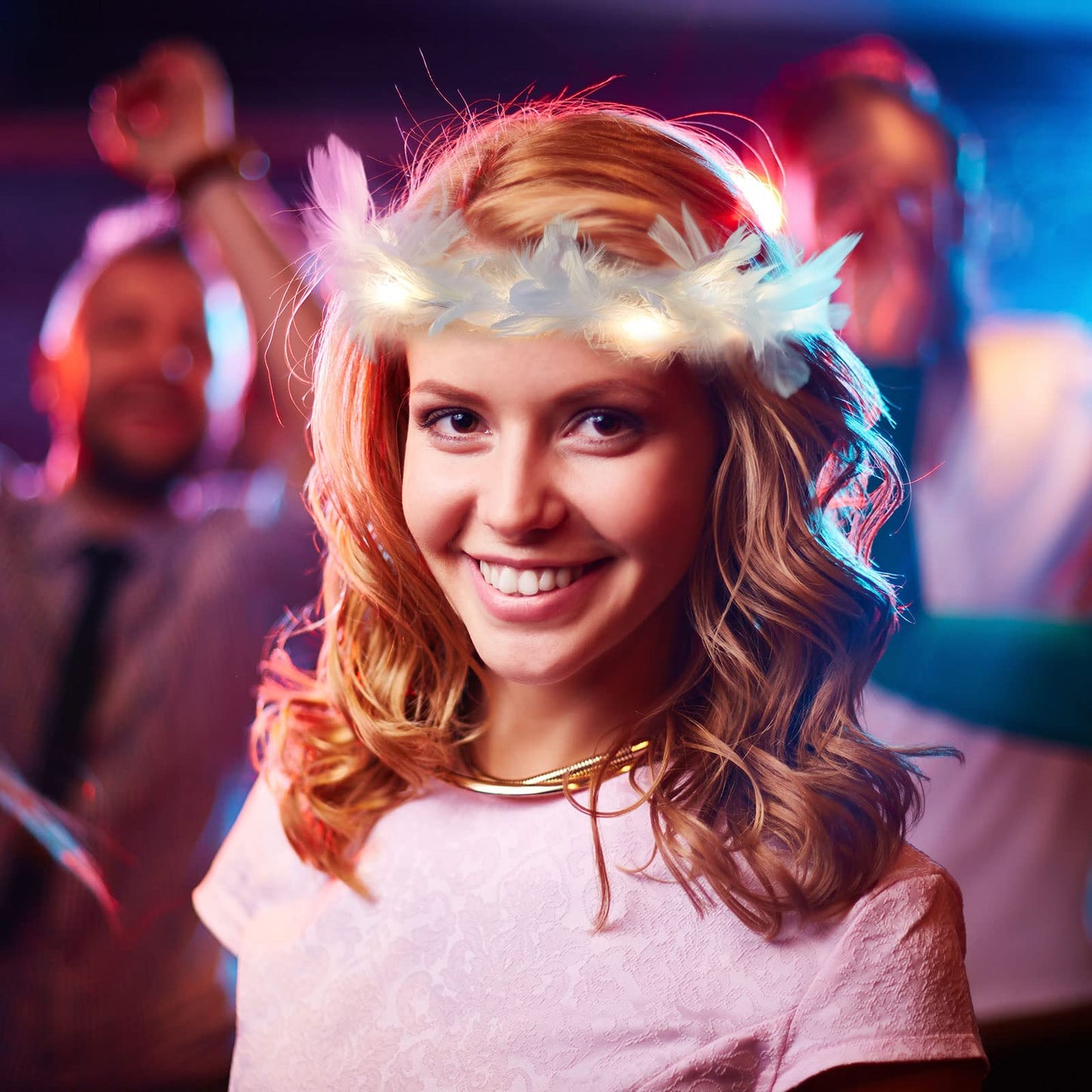 Taiyin 50 Pieces LED Feather Crown Headbands - Luminous Flashing Hair Accessories, Adjustable Light up Wreath for Women (Warm White)