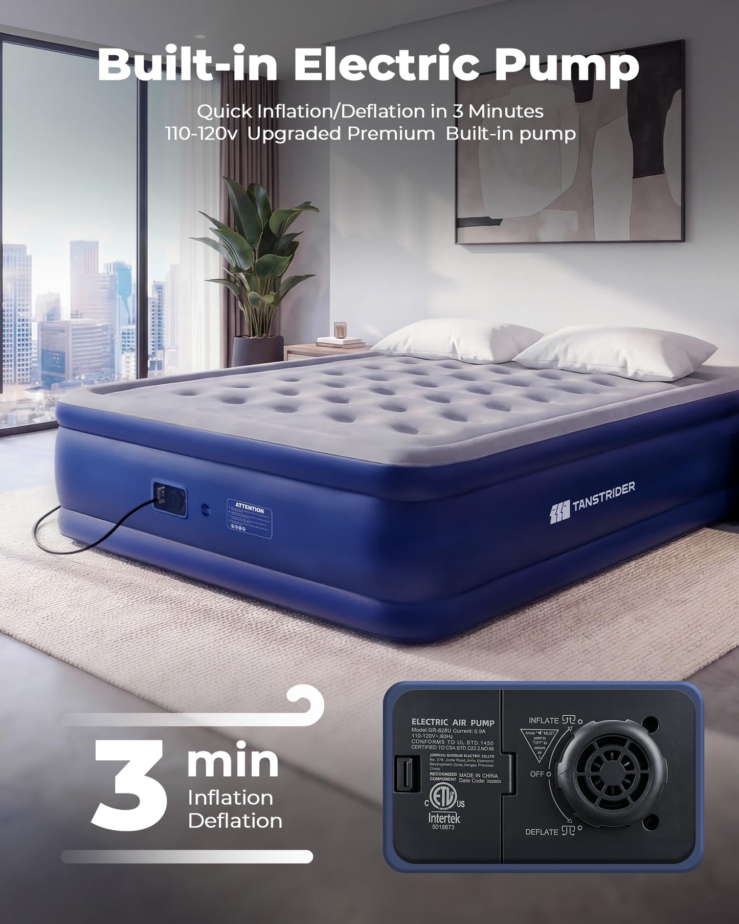 TANSTRIDER Full Size Air Mattress with Built in Pump, 18'' Raised Blow Up Mattress in 3 Mins Inflation/Deflation,Double Inflatable Air Bed for Guests & Home, Outdoor colchon inflable 600lbs Max