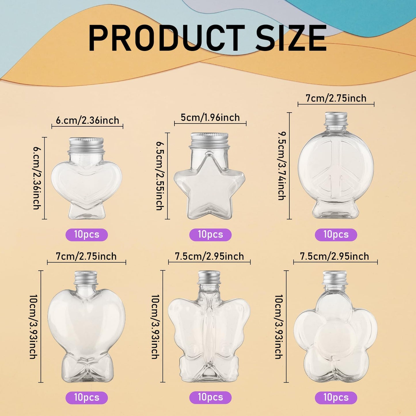 ZBHANSHUIS 60Pcs Sand Art Bottles 75ml Wave Shaped Plastic Bottles Plastic Sand Art Bottles DIY Colored Sand Bottle Kit Sand Art Activity Kit for DIY Art Activity Fun Party Supplies, Mix 6 Style