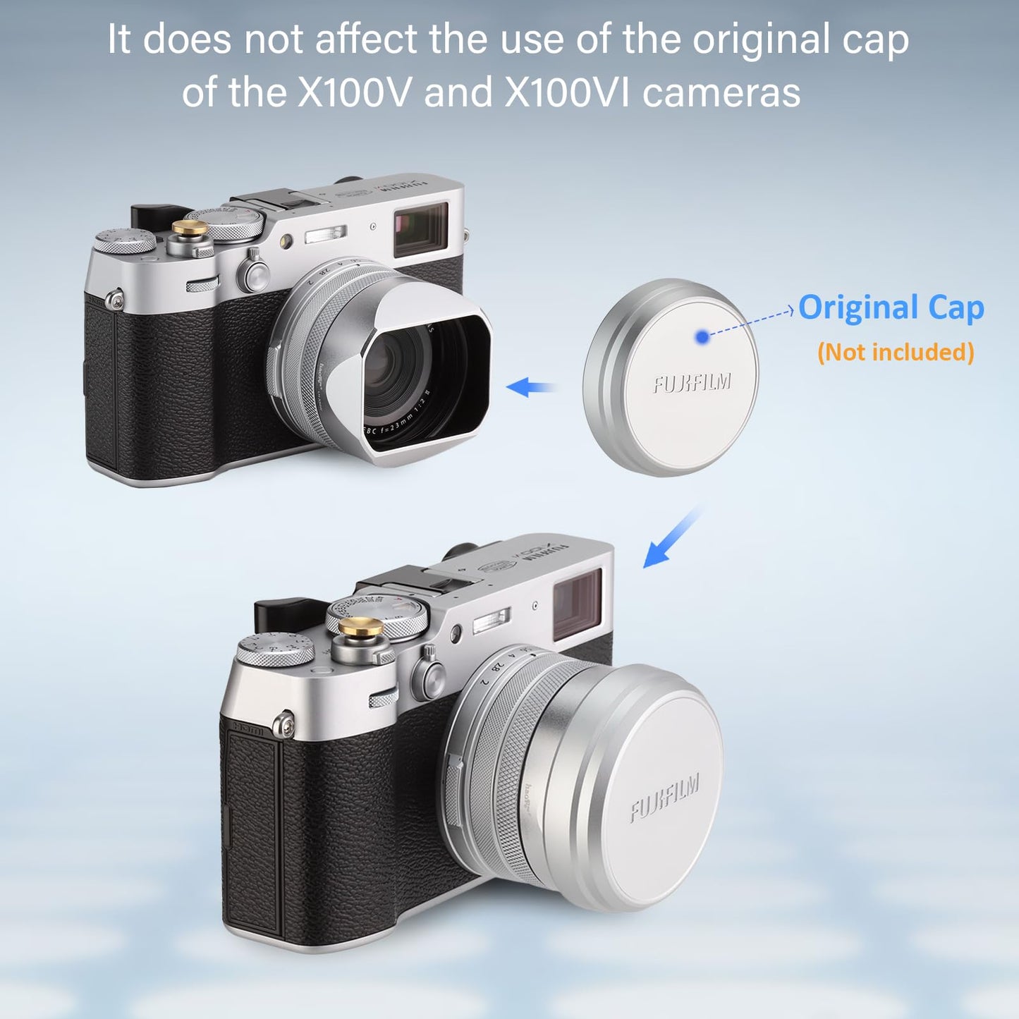 Haoge LH-X54W Square Metal Lens Hood with 49mm Adapter Ring for Fujifilm X100VI Fuji X100V Camera Silver