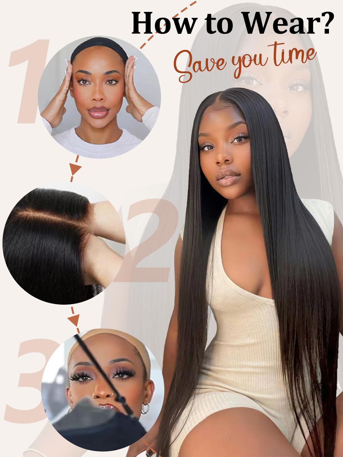 30 Inch Straight Lace Front Wigs Human Hair Glueless Wigs Human Hair Pre Plucked Pre Cut 6X4 Straight Wigs Human Hair HD Lace Closure 200% Density Wear and Go Natural Color Black Wigs for Women