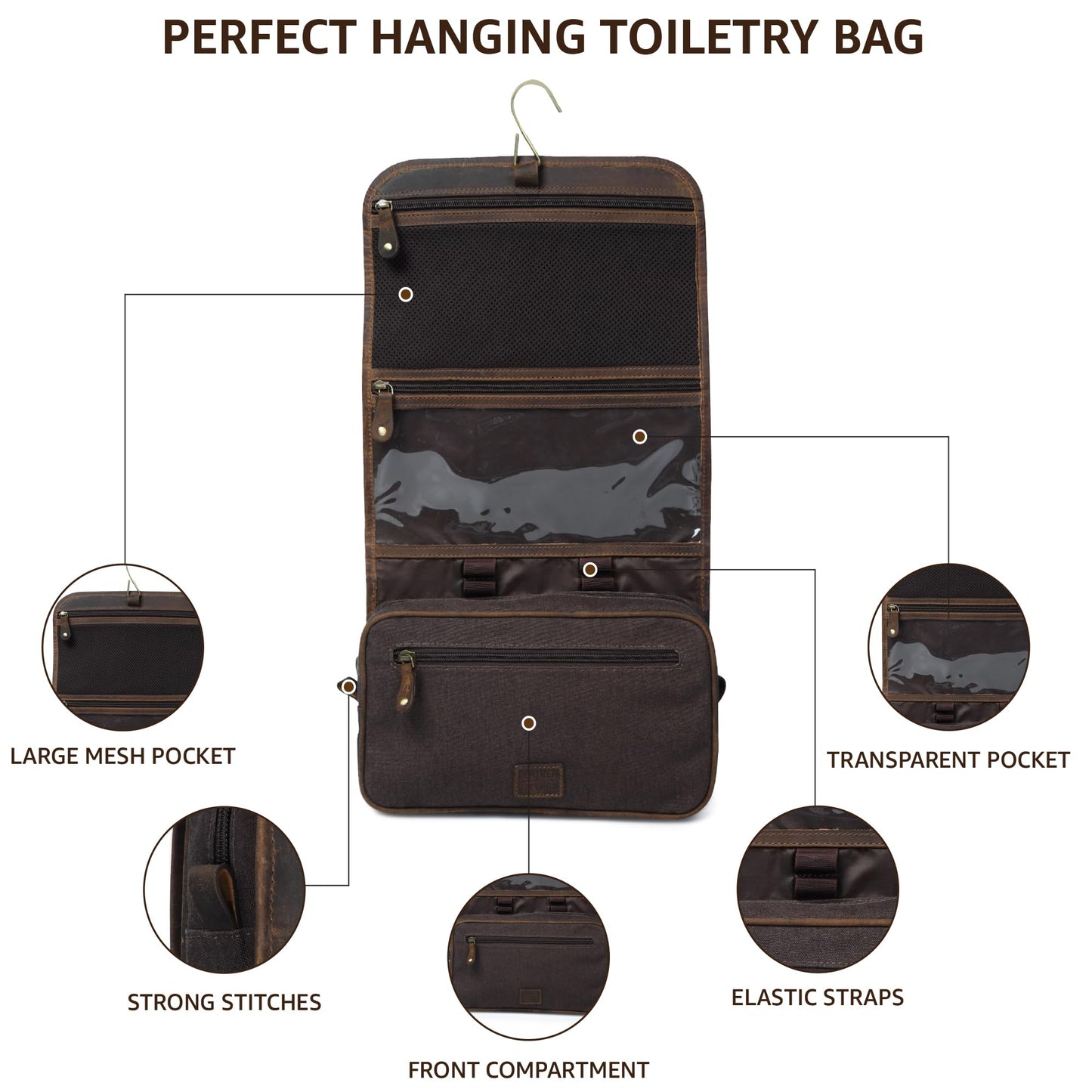 LEATHER VILLAGE Hanging Toiletry Bag for Men & Women, Leather Toiletry Bag for Men, Mens Toiletry Bags for Traveling, Hanging Travel Toiletry Bag, Mens Travel Bag Toiletry, Dopp Kit Shower Bags-Brown