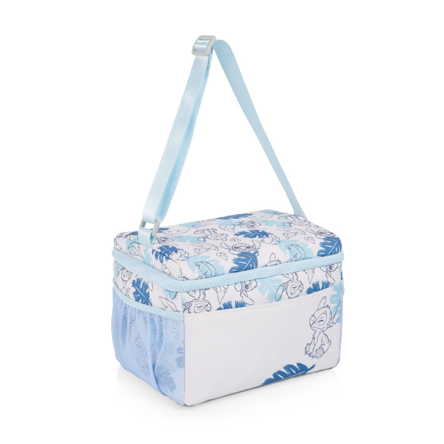 PICNIC TIME Disney Lilo & Stitch Modern Lunch Cooler, Insulated Lunch Box for Work, Travel, and Outdoor Use, Waterproof Cooler Bag with Adjustable Strap and Mesh Pockets, (White with Blue Leaf Design)