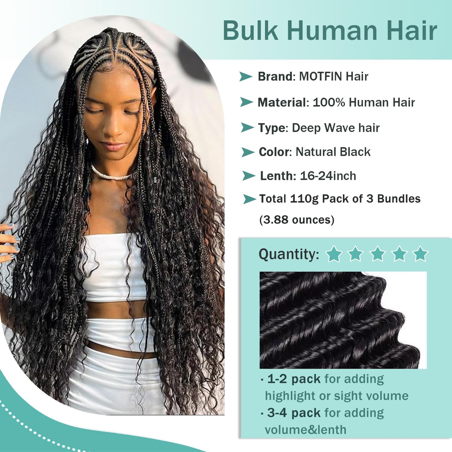 Human Braiding Hair for Boho Braids Human Hair Braiding Hair 110g 20 Inch Curly Boho Hair for Braiding Knotless 12A Deep Wave Bulk Human Hair for Braiding Bohemian 3 Bundles/Pack Natural Color