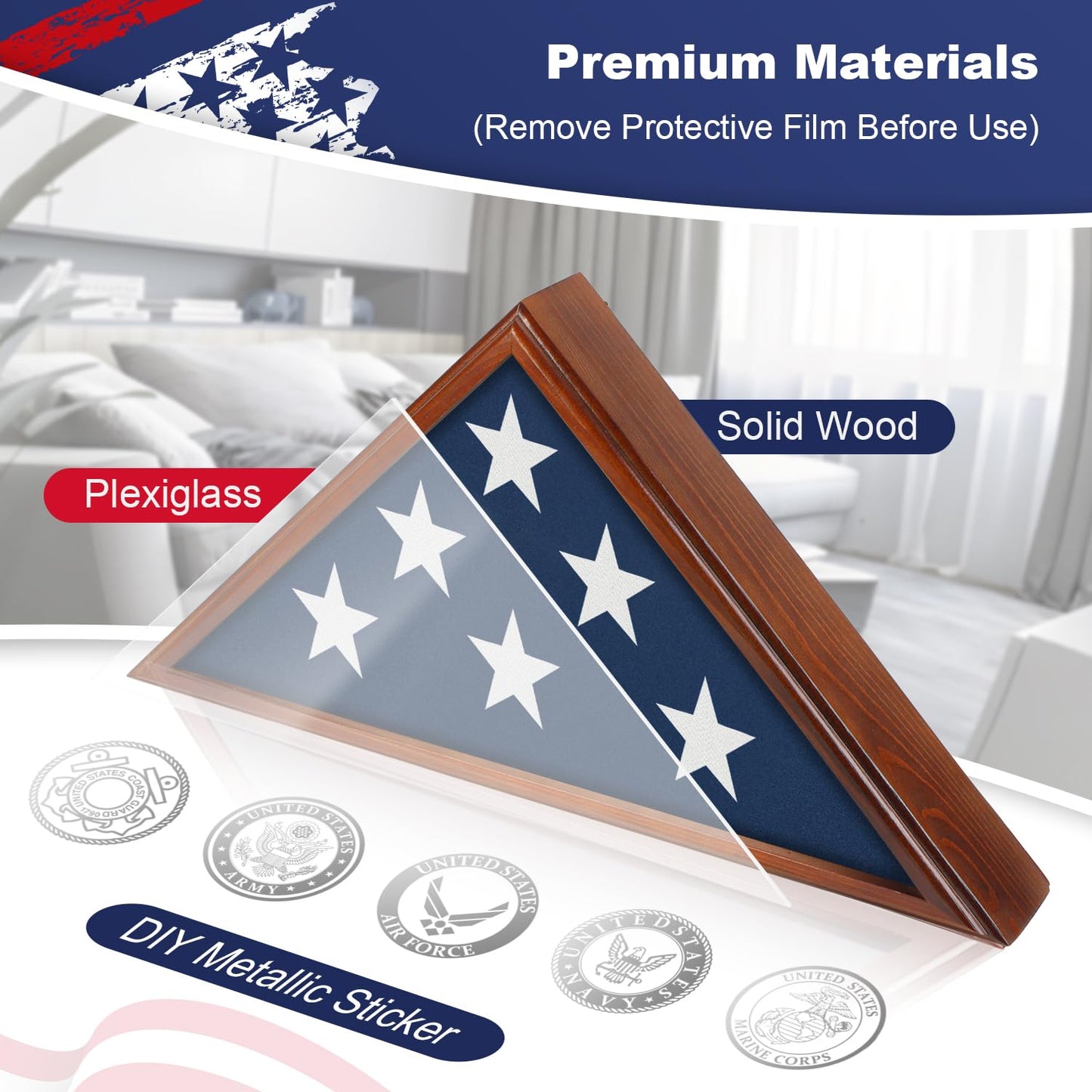 Flag Display Case for Burial Flag, 9.5x5' Wooden Military Flag Box Case Display for Wall or Table Top, Flag Holder for Veteran Burial Flag Display Case, Military Flag Frame (Brown)