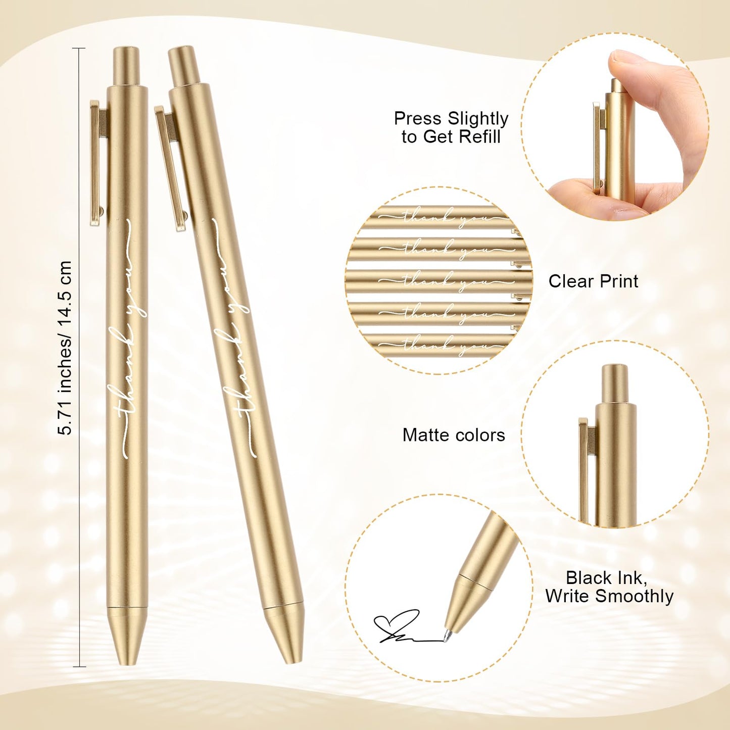 Dispowreath 100pcs Thank You Pens Bulk Cute Multicolor Ballpoint Pen for Server Employee Appreciation Gifts for Wedding Teacher Coworker Office Staff Team Nurse Graduation Baby Shower Party (Gold)