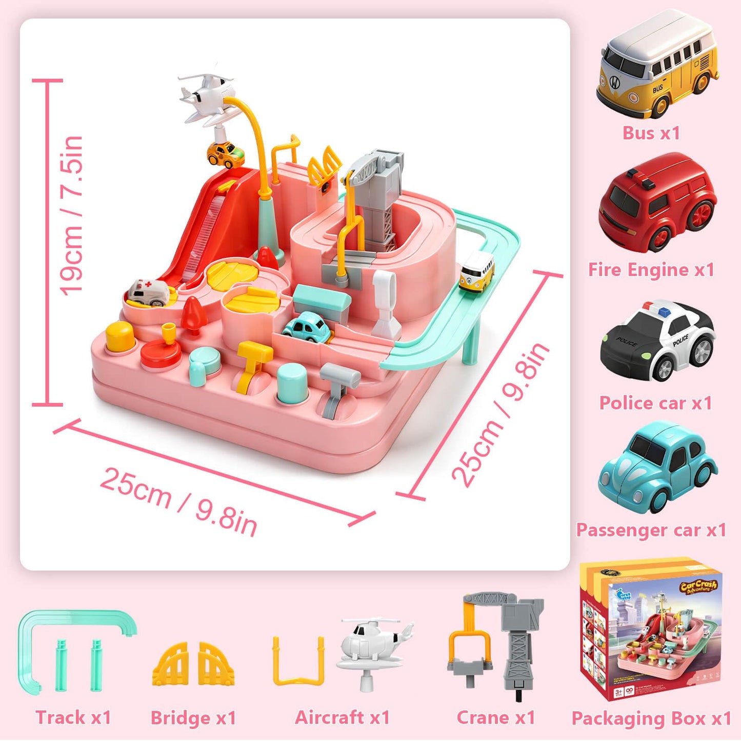 Gretex Car Race Track for Kids Ages 3-6: City Rescue Car Track Set with 4 Mini Cars and Helicopter, Preschool STEM Toy, Educational Obstacle Course Playset for Kids Ages 3-6, Birthday Gift for Girls