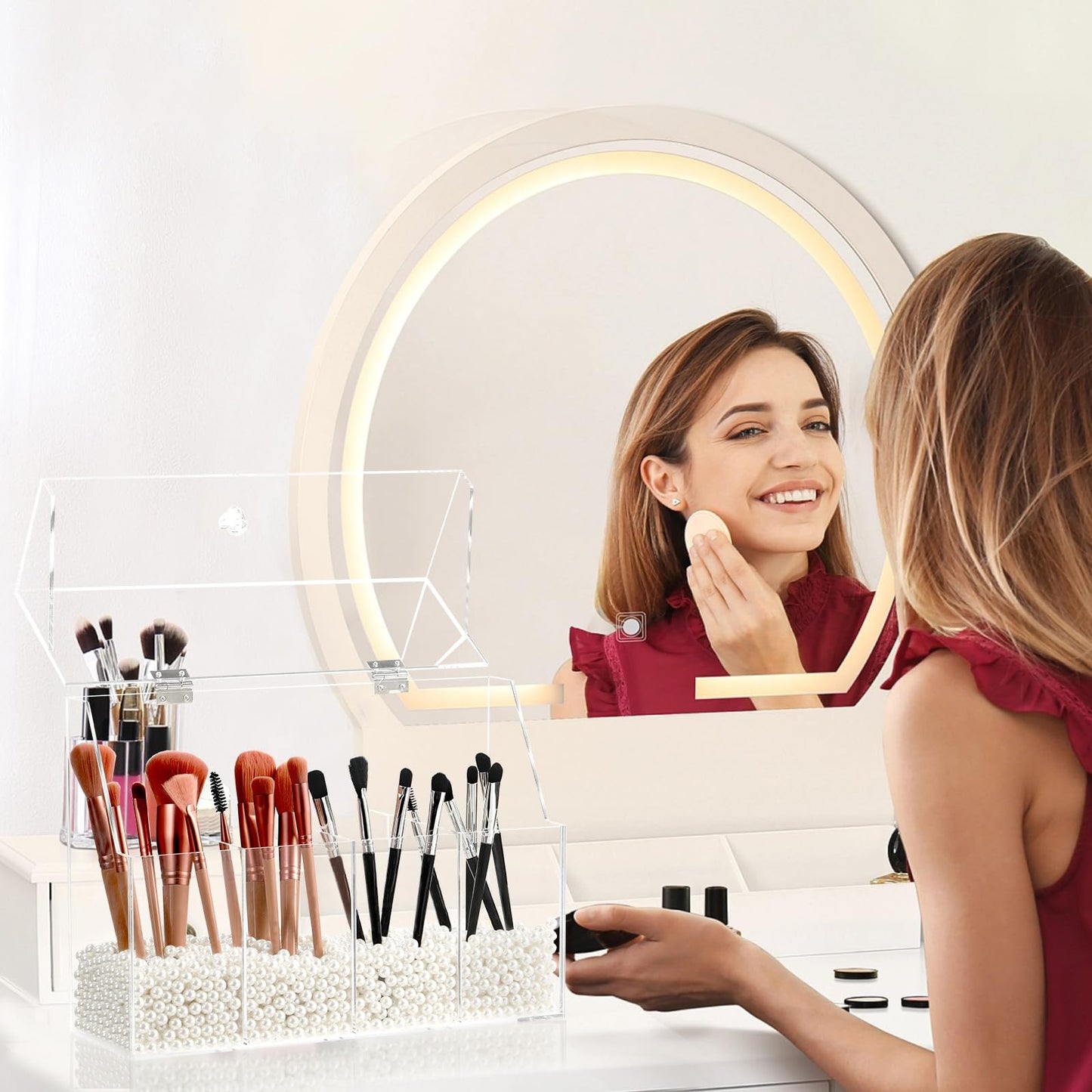 Vevitts Acrylic Makeup Organizer, Clear Cosmetic Brush Storage Box With 4 Brush Holders,Makeup Brush Holder with Dust Cover, Large-capacity Split Design Can Quickly Organize the Desktop（No pearls）
