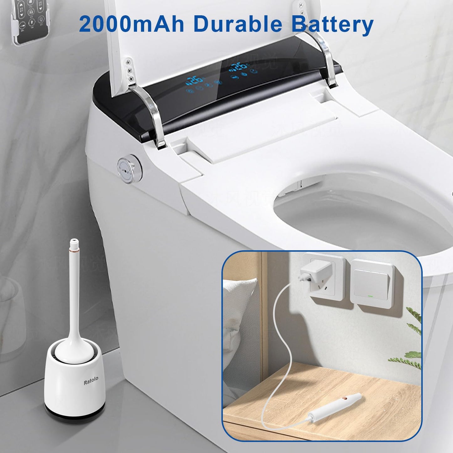 Ratolo Electric Toilet Bowl Brush,Silicone Toilet Brush,Toilet Bowl Brush and Holder Set with Ventilated Holder,Toilet Brush, Floor Standing, Wall Mounted Without Drilling，Rechargeable 2packs