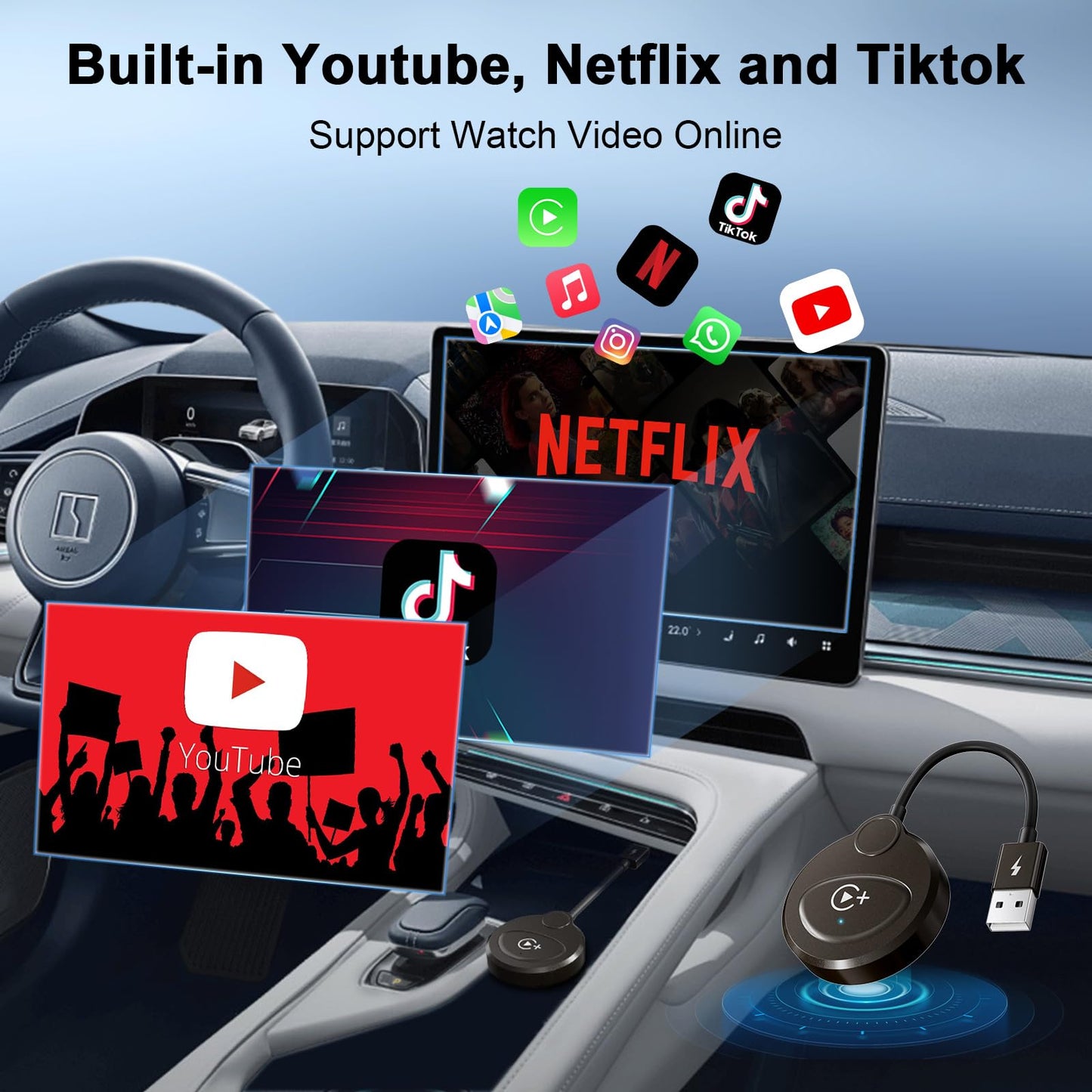 Wireless Carplay Adapter Built in YouTube Netflix,Carplay Wireless for Wired CarPlay to Wireless Support YouTube Netflix Tiktok Video Play,Easy Plug and Play_Black
