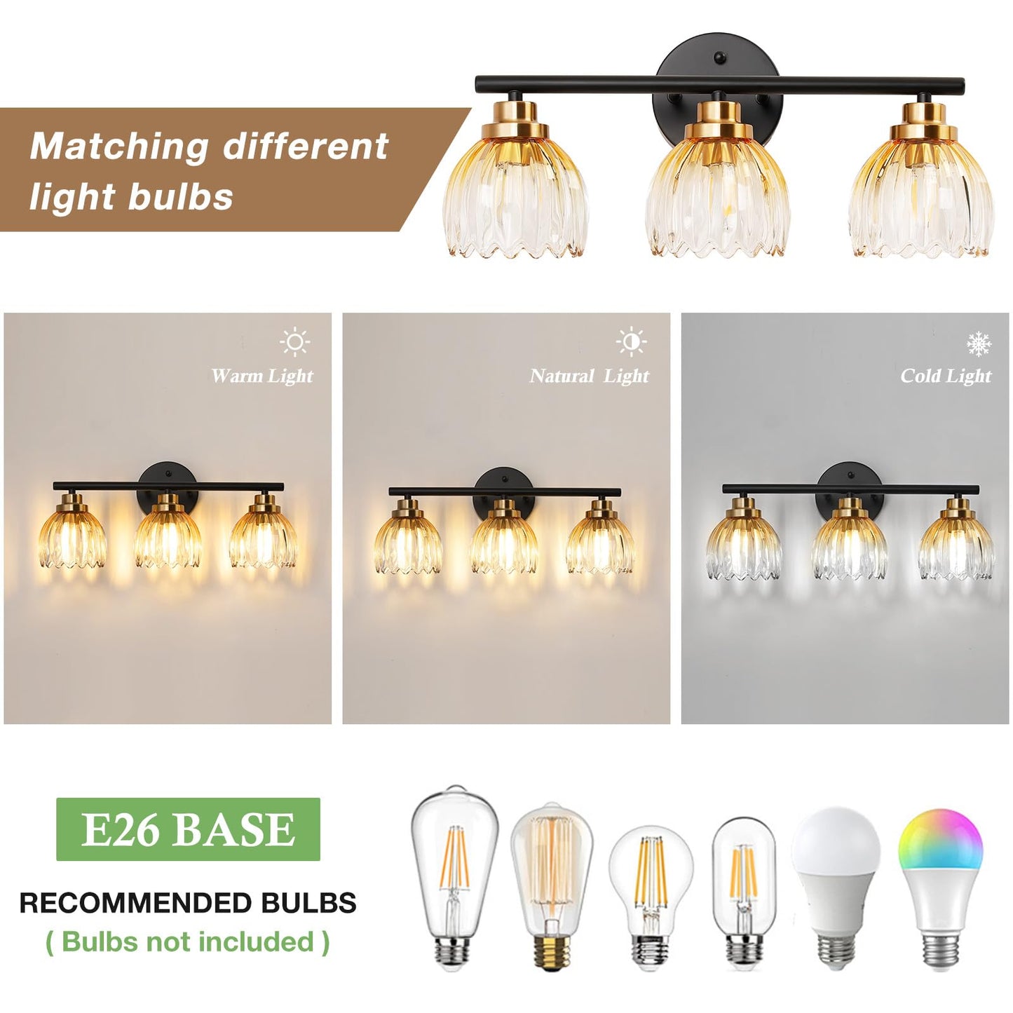 TALOYA Bathroom Vanity Light Fixtures, 3-Light Modern Black and Gold Wall Lights Over Mirror with Gradient Amber Tulip Glass Shades Bathroom Wall Lamp for Mirror, Living Room,Hallway, Farmhouse