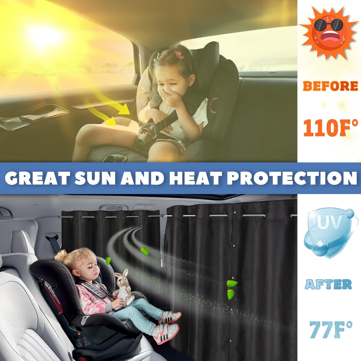XCBYT Car Privacy Divider Curtains (3-Pack), Rigid Rod-Mounted Total Blackout Set - No Sag, No Strings - Rear Seat Divider & Side Window Shades for Car Camping, Baby Naps
