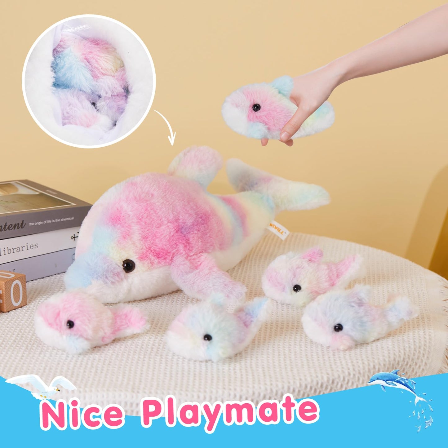 WEWILL 17" Mommy with 4 Babies Rainbow Dolphin Stuffed Animals with Babies Soft Cuddly Colorful Plush Toy Christmas Birthday Gifts for Boys Girls Kids