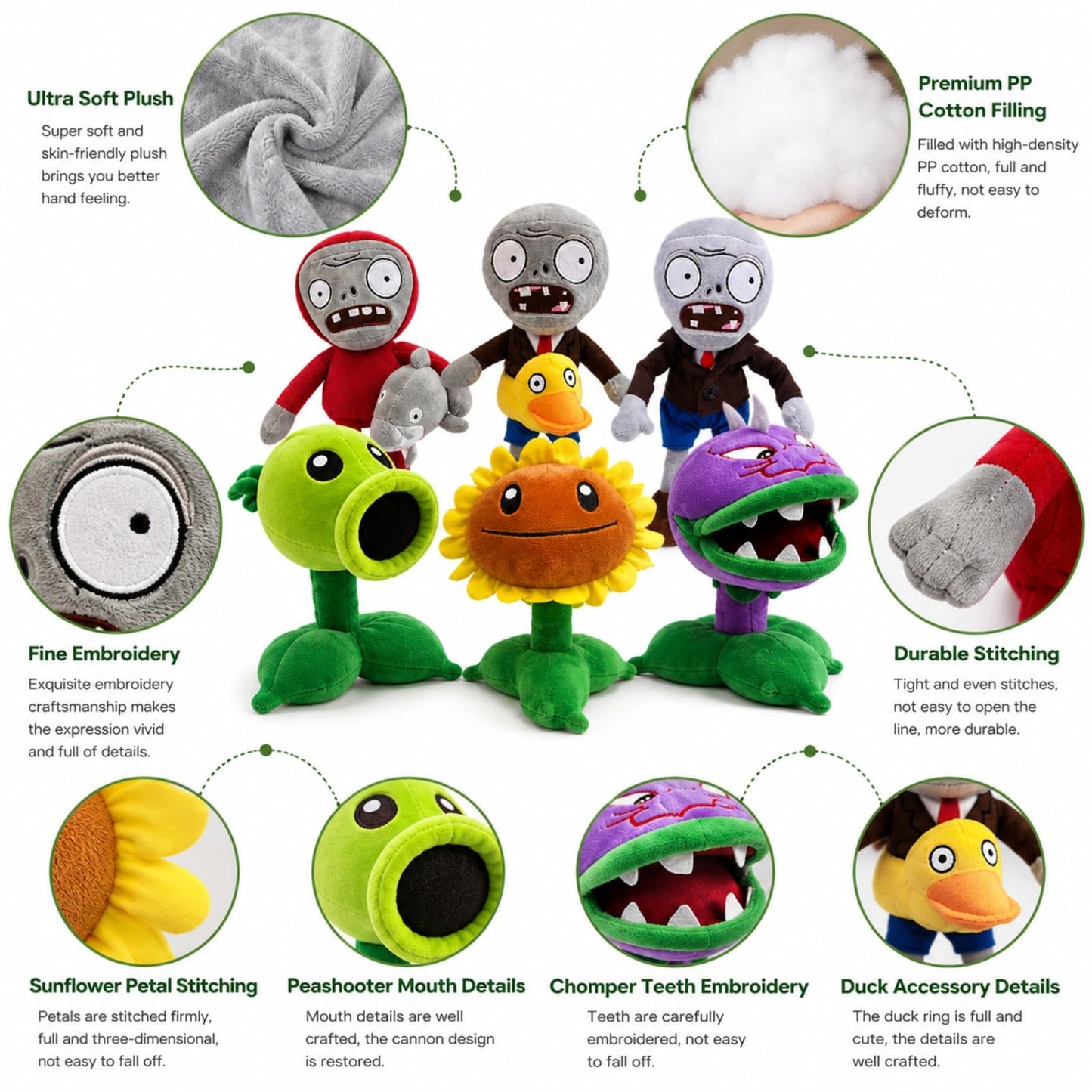 6Pcs Plants vs Zombies Plush Toys Zombie Sets,Ducky Newspaper Dolphin Zombie,Sunflower Chomper Peashooter Plant Soft Plants vs Zombies Toys PVZ Plush 1 2 for Birthday,Party,Halloween & Christmas