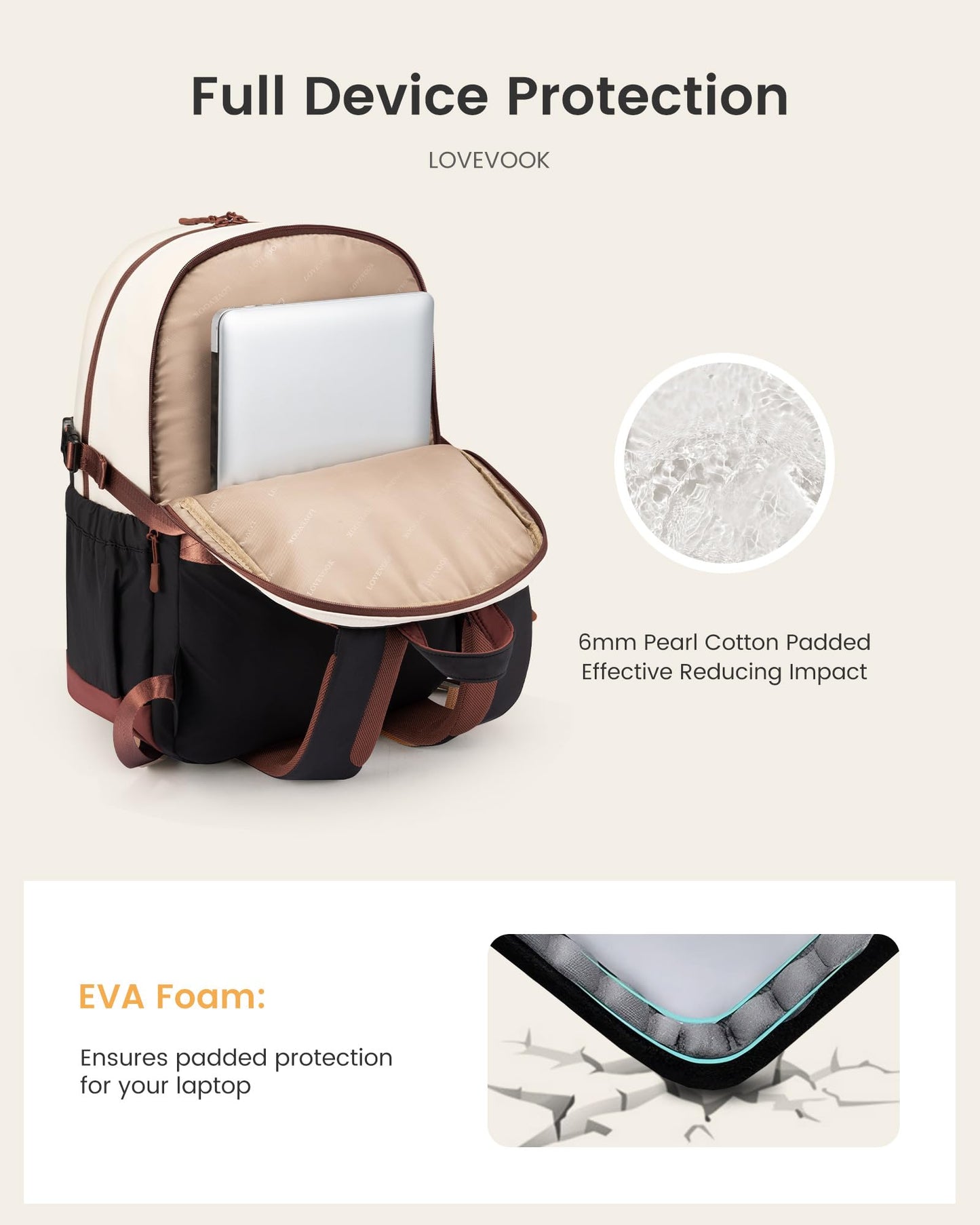LOVEVOOK Laptop Backpack for Women with Giant Tumbler Holder,15.6 Inch Laptop Computer Bag Travel Backpack Purse,Waterproof Work Business Backpack College Bookbag Teacher Bags,Beige-Black-Brown
