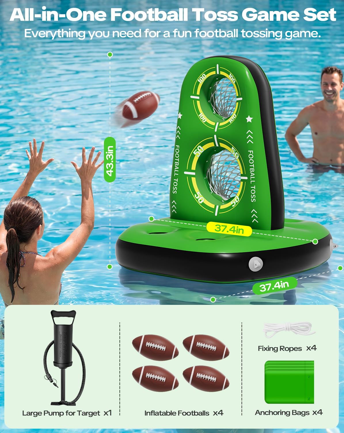 Qmioti Inflatable Football Toss Game for Pool, Floating Football Target with 4 Water Footballs & 2 Pumps, Stable Base, Outdoor Pool Games for Kids & Adults