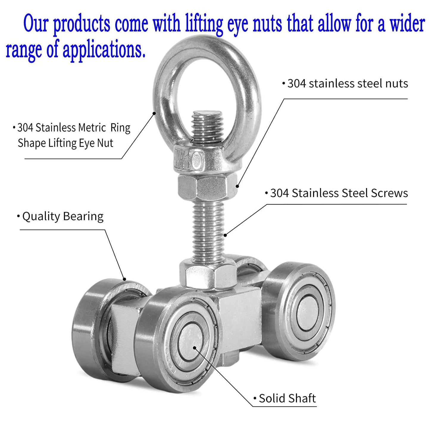 SKTREX 4 Wheel Silent Trolley Assembly Rollers Four Bearing Trolley Assembly for 1-5/8" Wide and All 1-5/8" or Taller unistrut Strut Channel with M10 Bolt and Lifting Eye Nuts