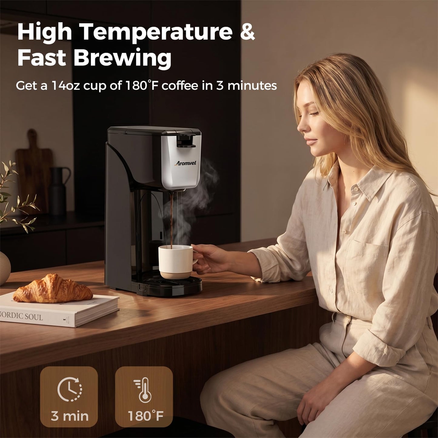 Aromvel 2-in-1 Single Serve Coffee Maker for K Cup Pods & Ground Coffee, 6 to 14 oz Brew Sizes, Compact Small Brewer with Dual Buttons, Adjustable Drip Tray for Travel Mugs, Silver