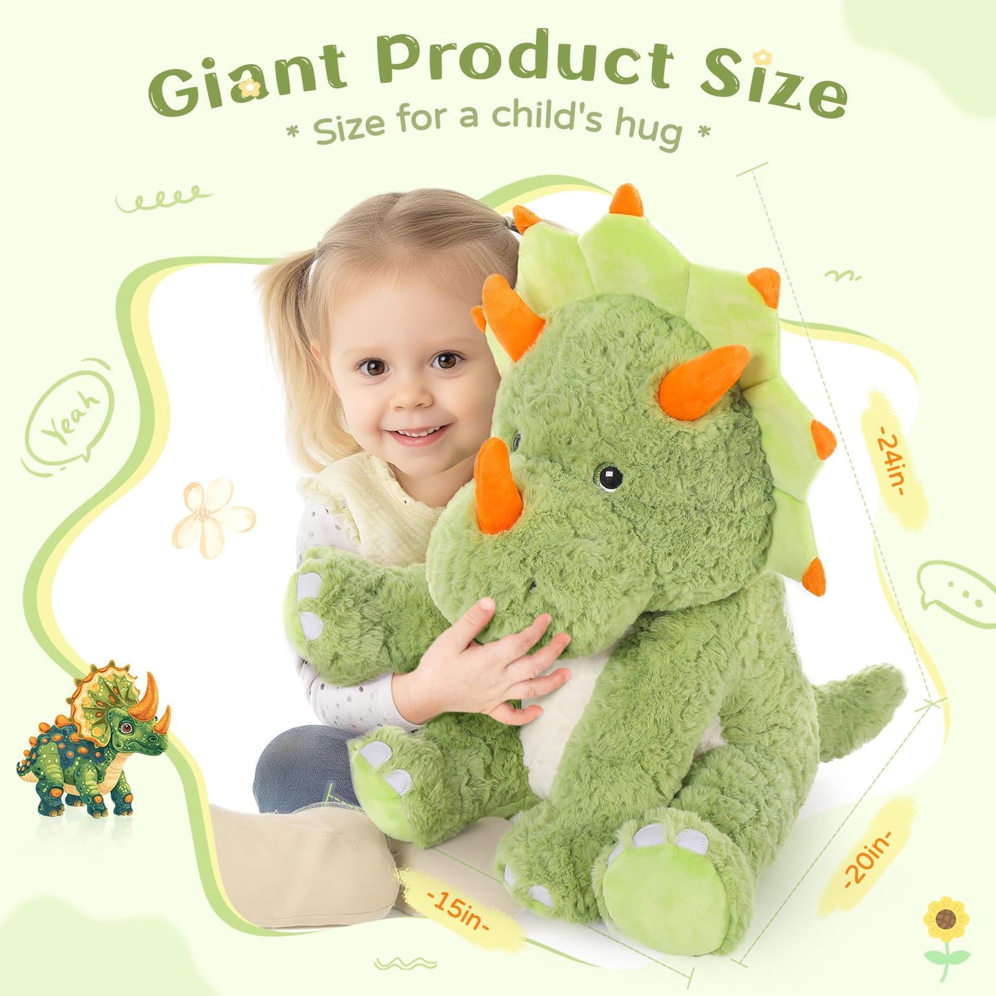 Tezituor 24inches Green Dinosaur Stuffed Animals, Large Stuffed Dinosaur Triceratops Plush Toys, Hugging Soft Dino Plush Pillow for Kids Adult