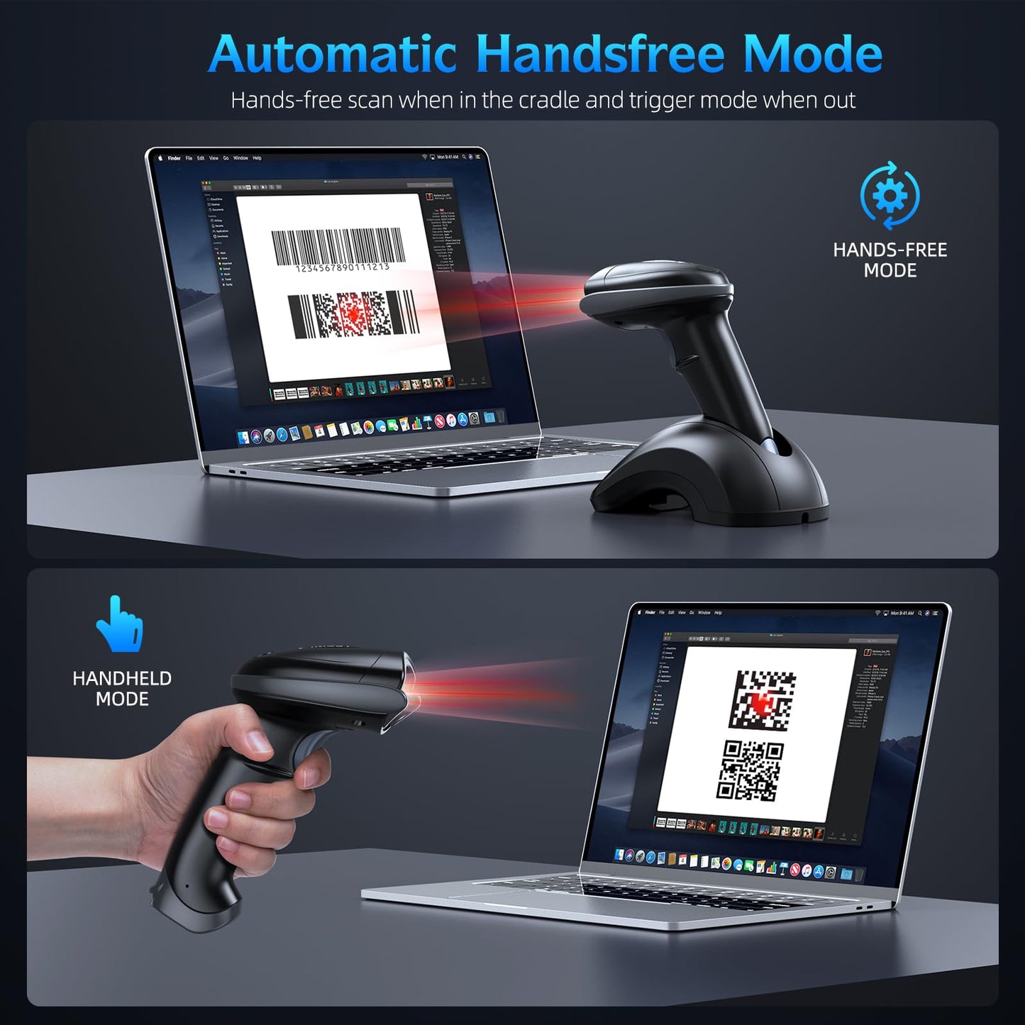 TEEMI Bluetooth Barcode Scanner with USB Charging Cradle Data Receiver, 1D 2D QR Wireless Bar Code Reader for iOS Android Windows Mac OS, BT 5.0 Longer Range, Automatic Handsfree Screen Scanning