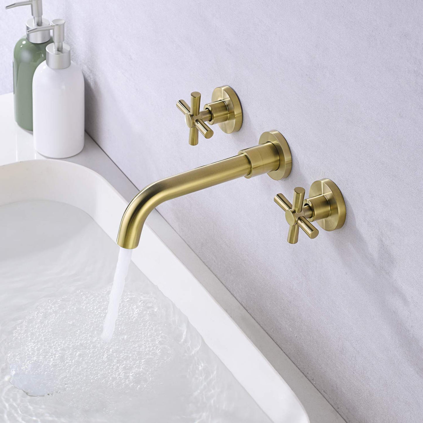 Brushed Brass Wall Mount Bathroom Faucet Two Cross Handles and Rough-in Valve Included,SUMERAIN