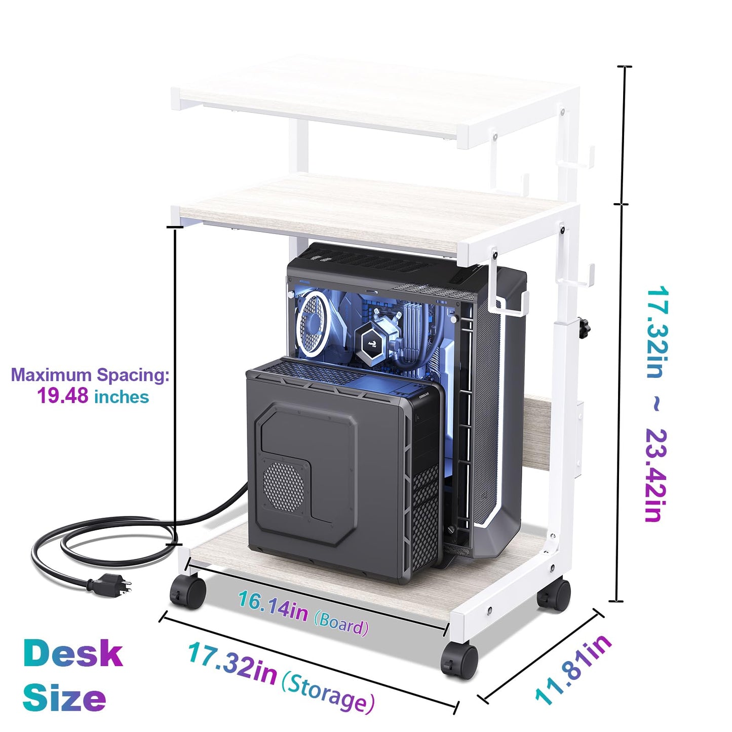 Hovadova Computer Tower Stand with Charge Station and USB Charging Port - Height Adjustable PC Tower Stand, Under Desk CPU Holder Cart with Locking Caster Wheels for Fits Most PC