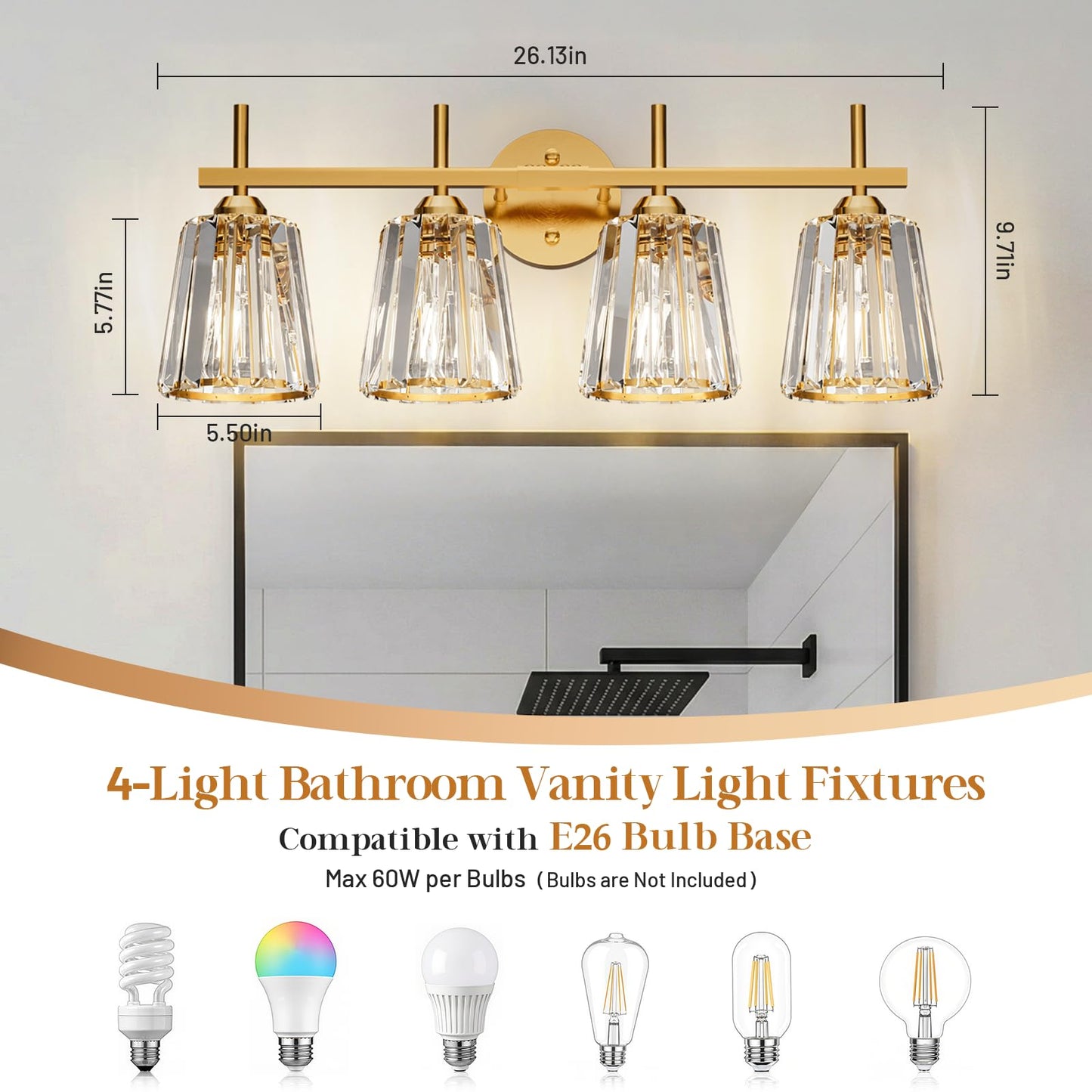 KernLite Crystal Bathroom Light Fixtures Over Mirror, Gold 4-Light Bathroom Vanity Lights Over Mirror Modern Wall Lighting Sconces with Ceramic E26 Base (Bulbs Not Include)