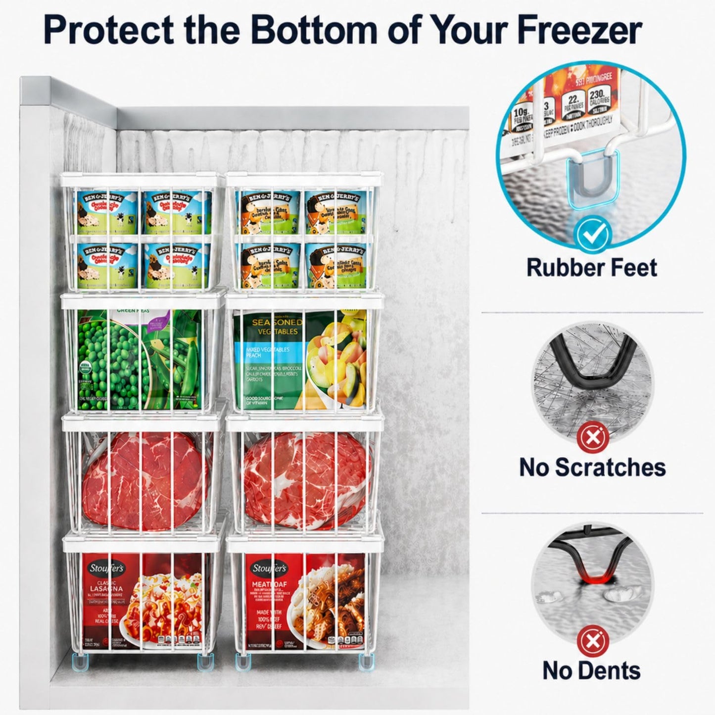 iSPECLE Deep Freezer Organizer Bins - Fits 7 Cu.Ft Chest Freezer, 8 Pack Stackable Wire Baskets(14.7" Length), Heavy Duty Coated Freezer Organizer, Rust Resistant for Frozen Food Sorting, White