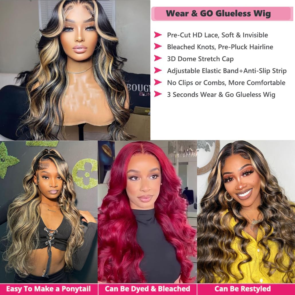 Recomtic Highlight 5x5 HD Lace Closure Wigs Wear and Go Glueless Wigs Human Hair Pre Plucked Pre Cut 1B/27 Honey Blonde Body Wave Lace Front Wigs Human Hair for Women 180% Density 26Inch