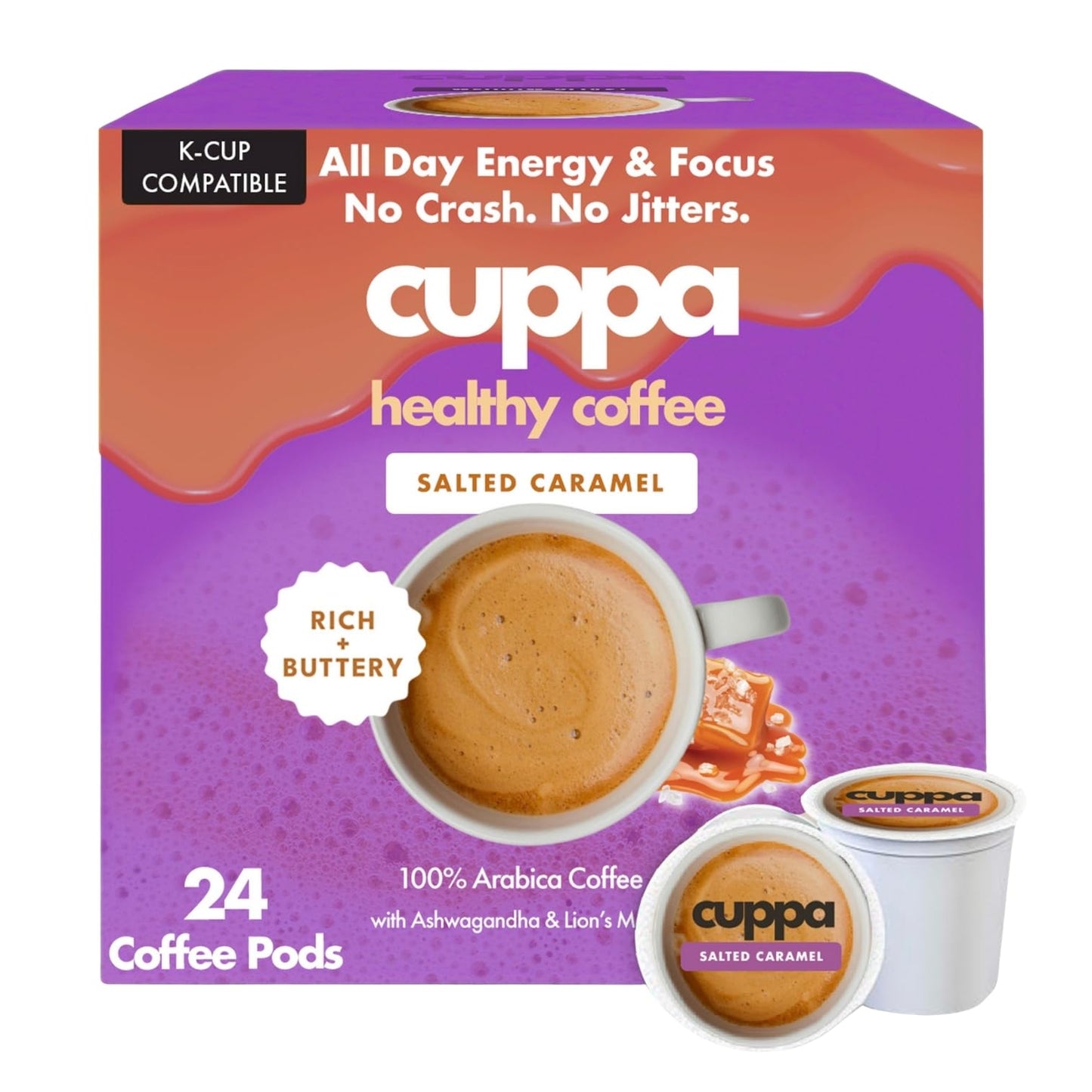 Cuppa Salted Caramel Mushroom Coffee with Adaptogens & Superfoods - Lion’s Mane, Ashwagandha & Cordyceps. Adaptogens + MCT to support natural energy, mental focus & gut health (24 Servings)