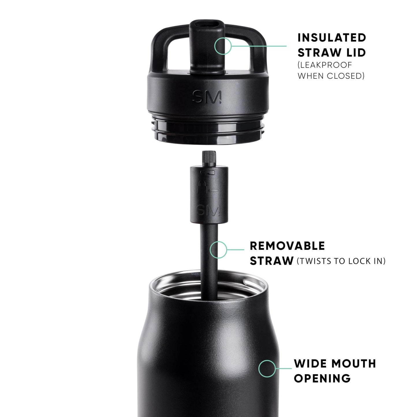 Simple Modern Water Bottle with Straw lid | Insulated Stainless Steel Thermos | Reusable Travel Water Bottles for Gym & Sports | Leak Proof & BPA Free | 34oz, Midnight Black