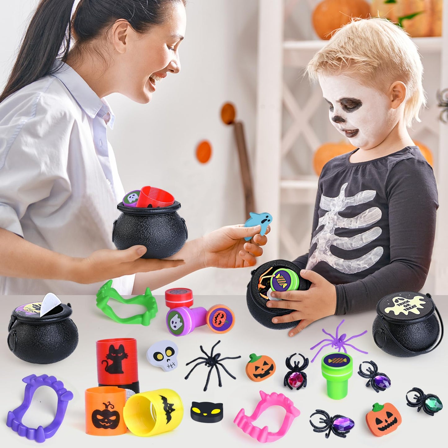Letapapa 576 PCS Halloween Party Favors for Kids, 72 Pack Prefilled Small Plastic Witch Cauldron With Assorted Halloween Toy In Bulk, Miniatures for Kids Trick or Treat, Halloween Classroom Rewards