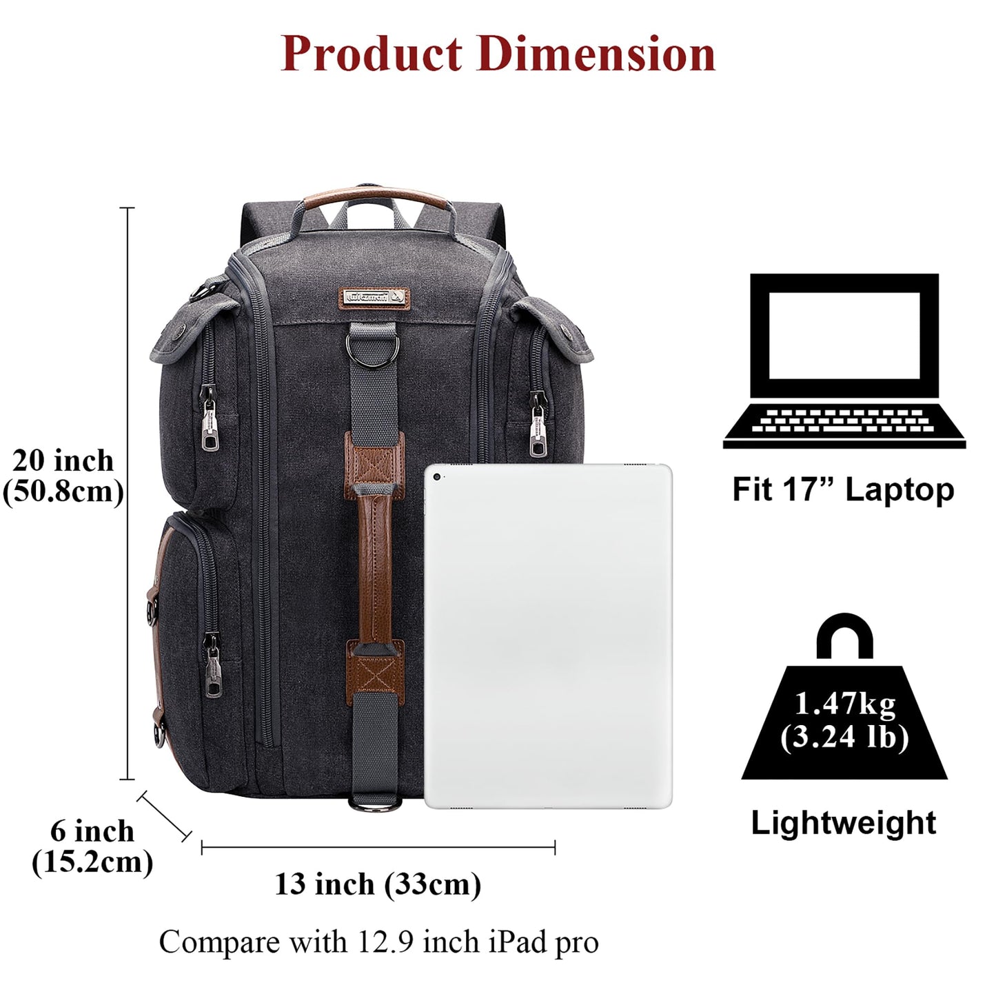 WITZMAN Travel Backpack for Men and Women Carry On Canvas Backpack Duffel Bag for Airplanes Fit 17 Inch Laptop (6661 canvas black)