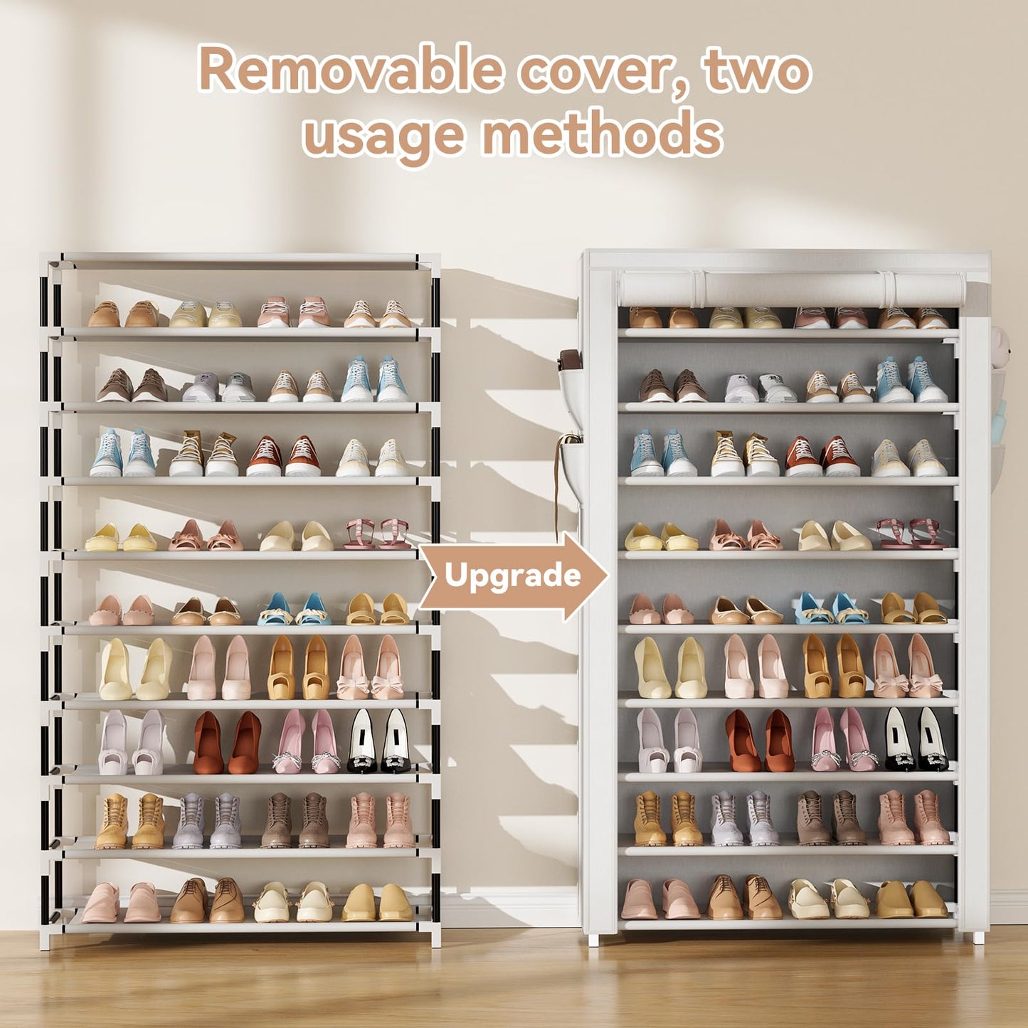 LANTEFUL Shoe Rack with Covers 10 Tier Tall Shoe Rack Organizer Large Capacity Shoe Shelf Storage 40 Pairs Space Saving Free Standing Shoe Storage Organizer for Closet, Entryway, Dorm, White