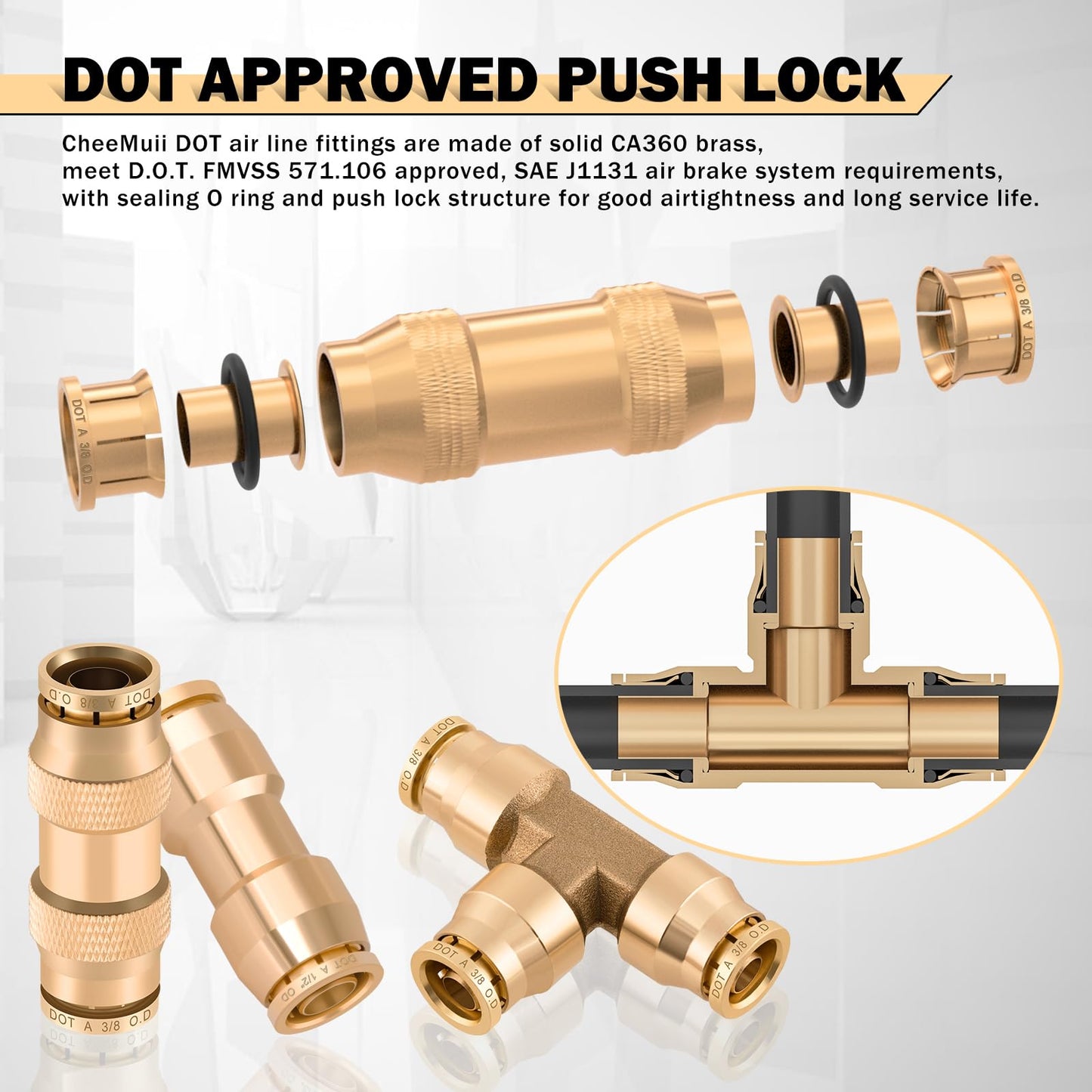 CheeMuii 76 Pcs Brass DOT Air Line Fittings Kit Push Lock Air Fittings Push to Connect Fittings NPT Thread & Quick Connect Air Hose Fittings for DOT Air Line Air Hose Pneumatic Tubing