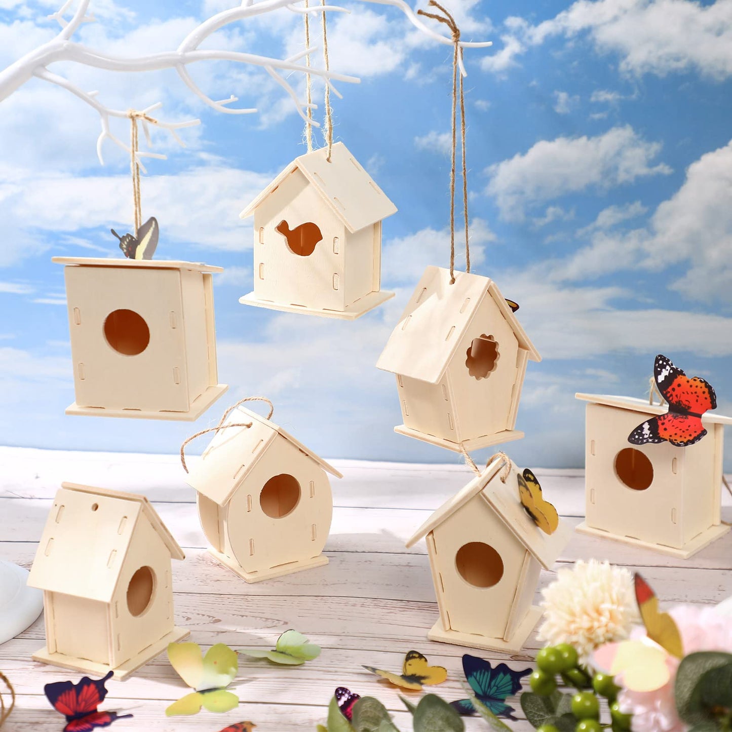 Kisston 120 Pcs Wooden Birdhouse Kits for Kids to Build and Paint DIY Bird Houses for Children Bird House Crafts in 6 Shapes and Stereoscopic Butterfly Sticker for Art Project Crafts Class Party