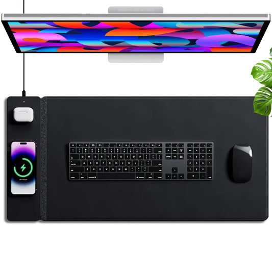 burotic Wireless Charging Desk Pad, Large Non-Slip Reversible Felt & Vegan PU Leather Desk Mat, Waterproof, Detachable Magnetic Panel - Organize, Charge 2 Devices, Apple & Android Compatible - Black