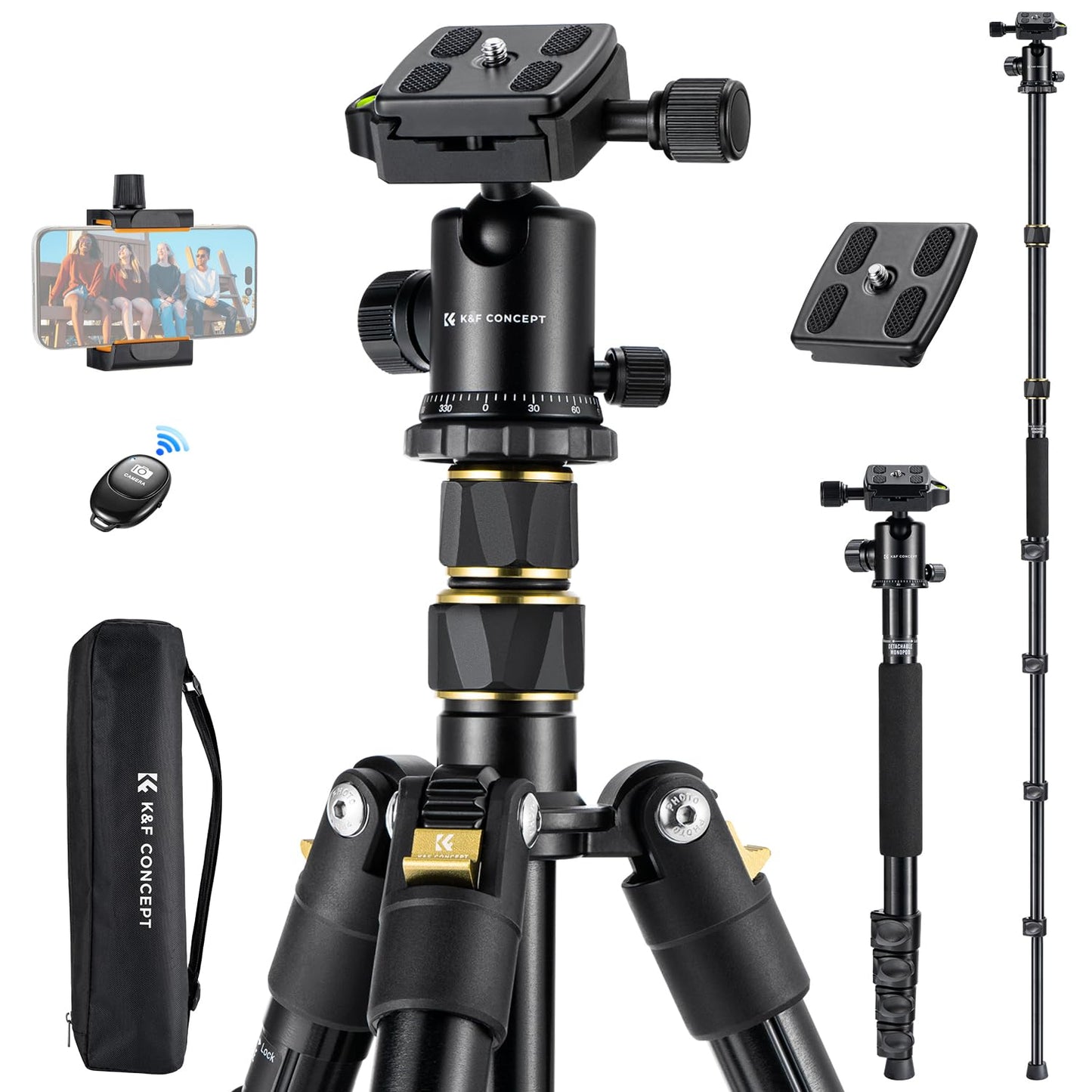 K&F CONCEPT Camera Tripod，72" Aluminum Tripod for Camera, Lightweight and Foldable Travel Tripod with Remote & Extra Quick Release Plate, Professional Camera Tripod Monopod for DSLR Camera and Phone.