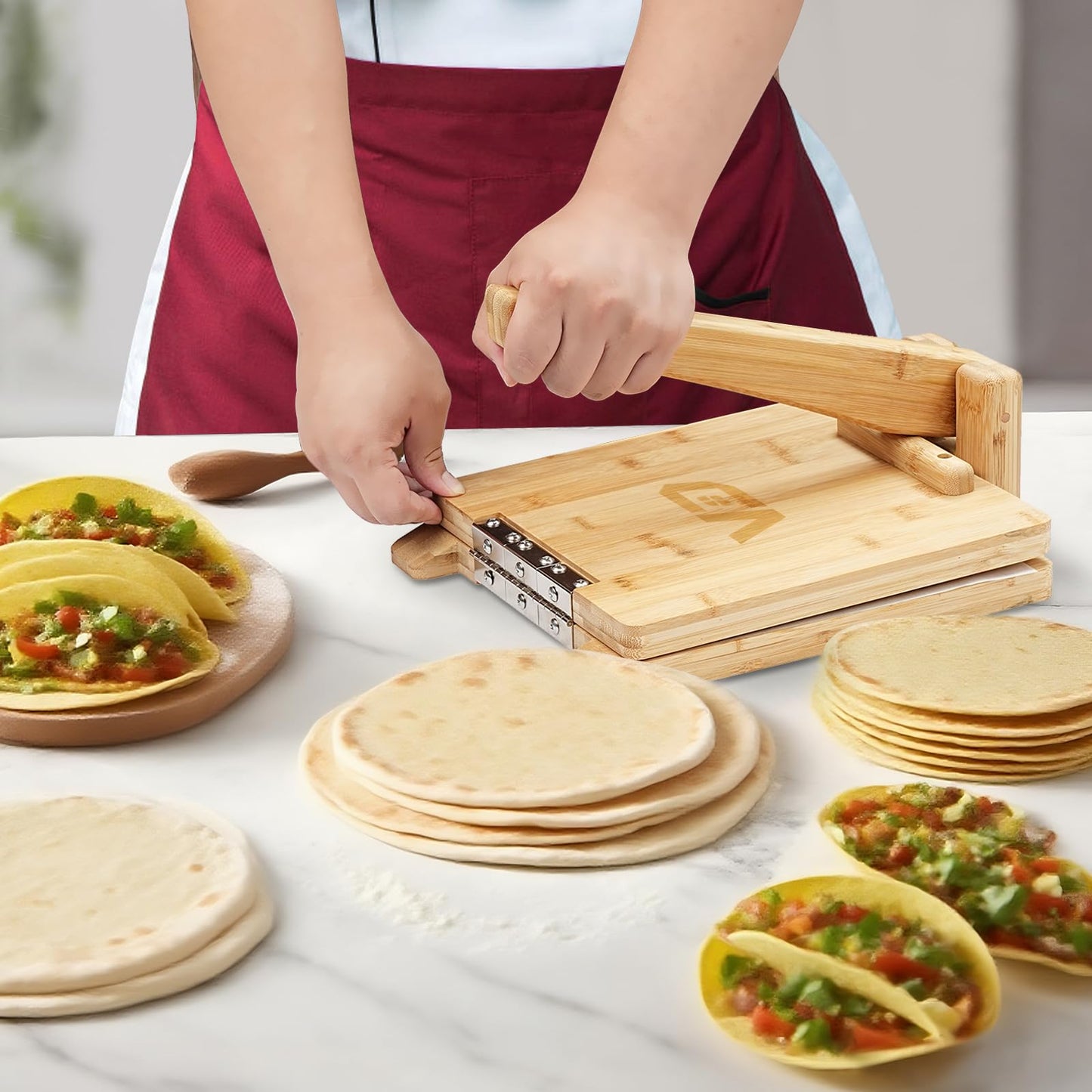 Wooden Tortilla Press, 10 inch Roti Maker and Tortilladora with Stainless Steel Patch, Tortilla Maker Press with 50 Pcs Parchment Paper, Heavy Duty Prensa Para Tortillas for Kitchen