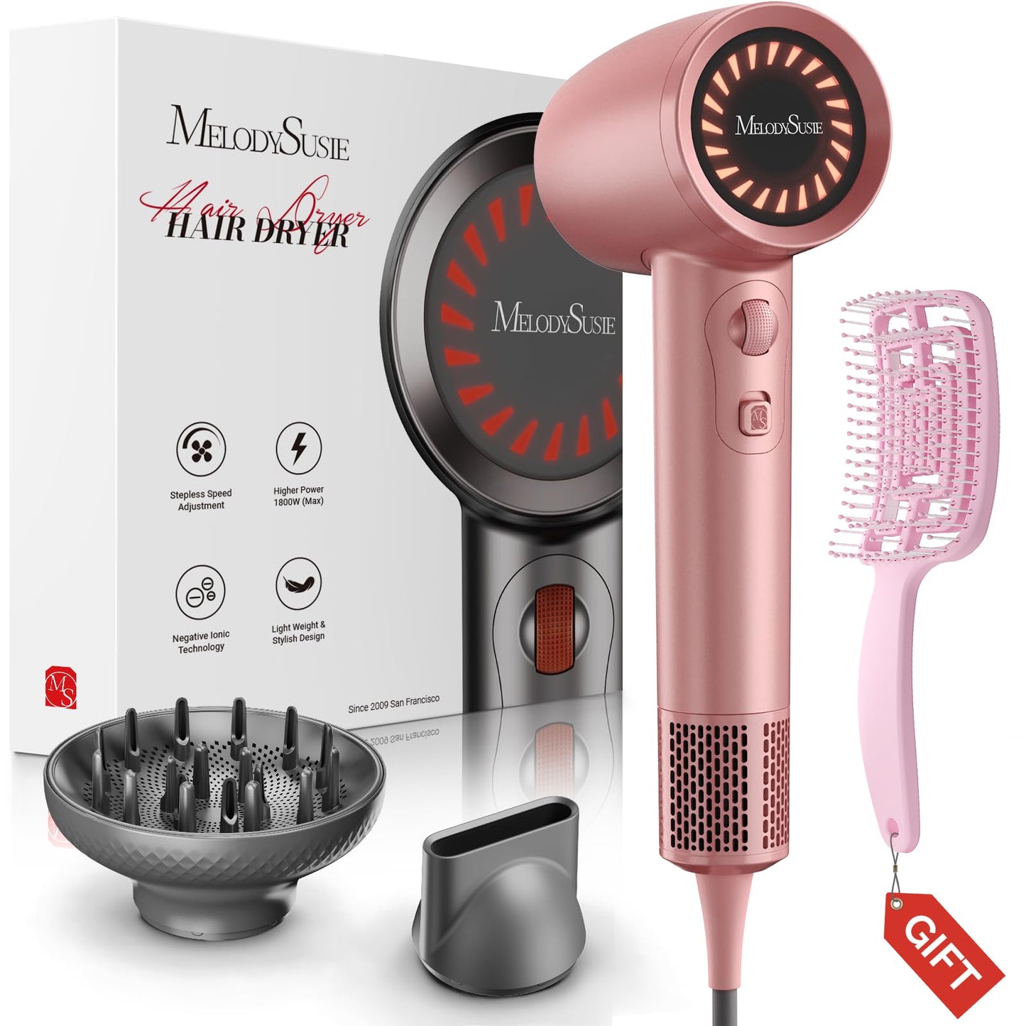 MelodySusie Hair Dryer with Diffuser,1600W Powerful Ionic Blow Dryer with Diffuser,Nozzle and Hair Brush,3 Temps & Stepless Speed,120000 RPM Fast Drying Low Noise Hairdryer,Ideal for Women Curly