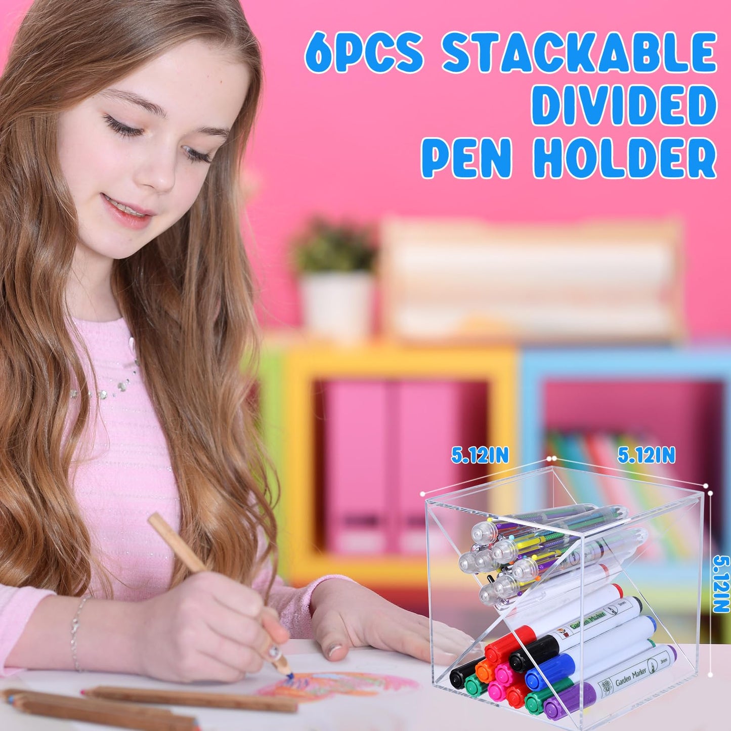 Kosiz 6 Pcs 5.12 Inch Stackable Divided Pen Holder Marker Pen Clear Holder for Desk Stackable Cube Organizer Removable Cross Divider Organizer Acrylic Pen Holder Craft Desk Organizer Holder