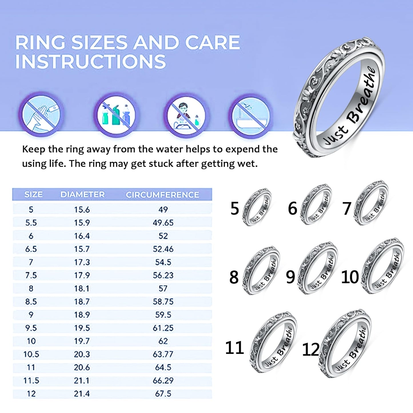 Ladytree Spinner Fidget Ring S925 Sterling Silver Lotus Flower Yoga Just Breathe Anxiety Worry Band Oxidized Stress Relieving Boredom ADHD Autism Rings for Women Men,Size 8