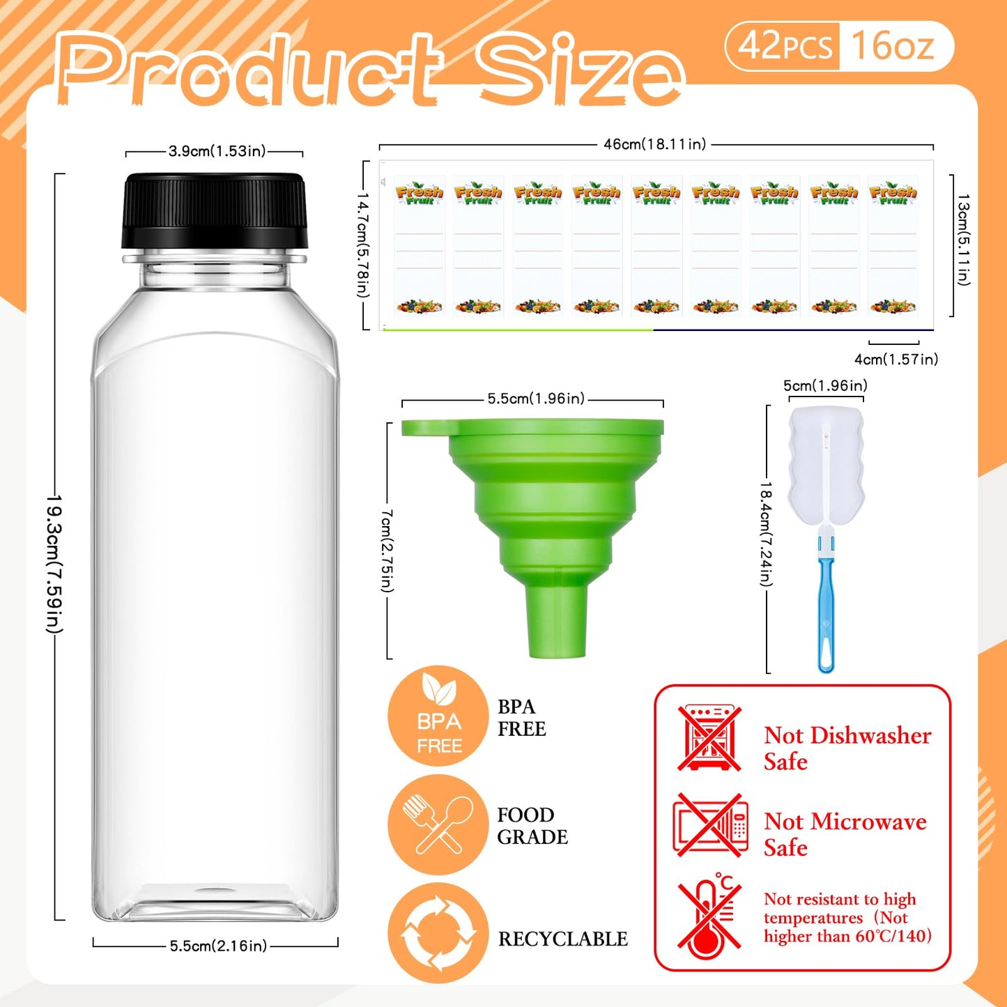 Dualshine 42Pcs 16oz Plastic Juice Bottles with Caps, Clear Empty Reusable Juice Containers with Lids, Brush, Funnel and Labels for Drinking, Smoothie, Milk, Tea and Other Beverages
