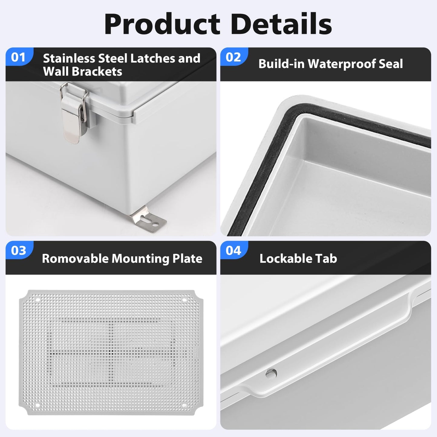 RTHIEAI Waterproof Outdoor IP67 Junction Box (13"x13"x5.1") with Mounting Plate, Hinged Grey Cover and Wall Brackets - Weatherproof ABS Plastic Electrical Enclosure for DIY Projects (330x330x130mm)